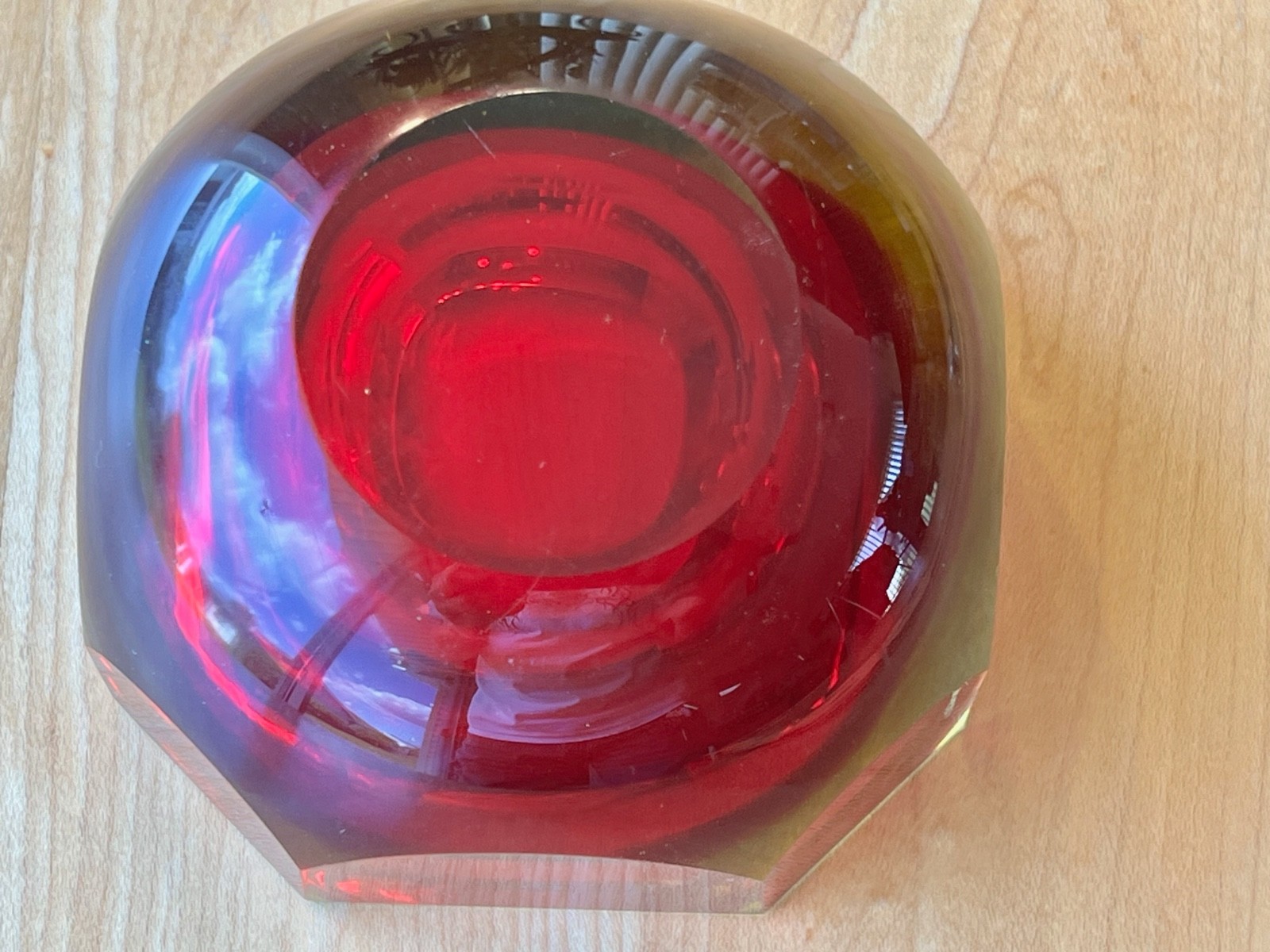 VINTAGE Faceted Red Murano Diamond Cut Glass Bowl
