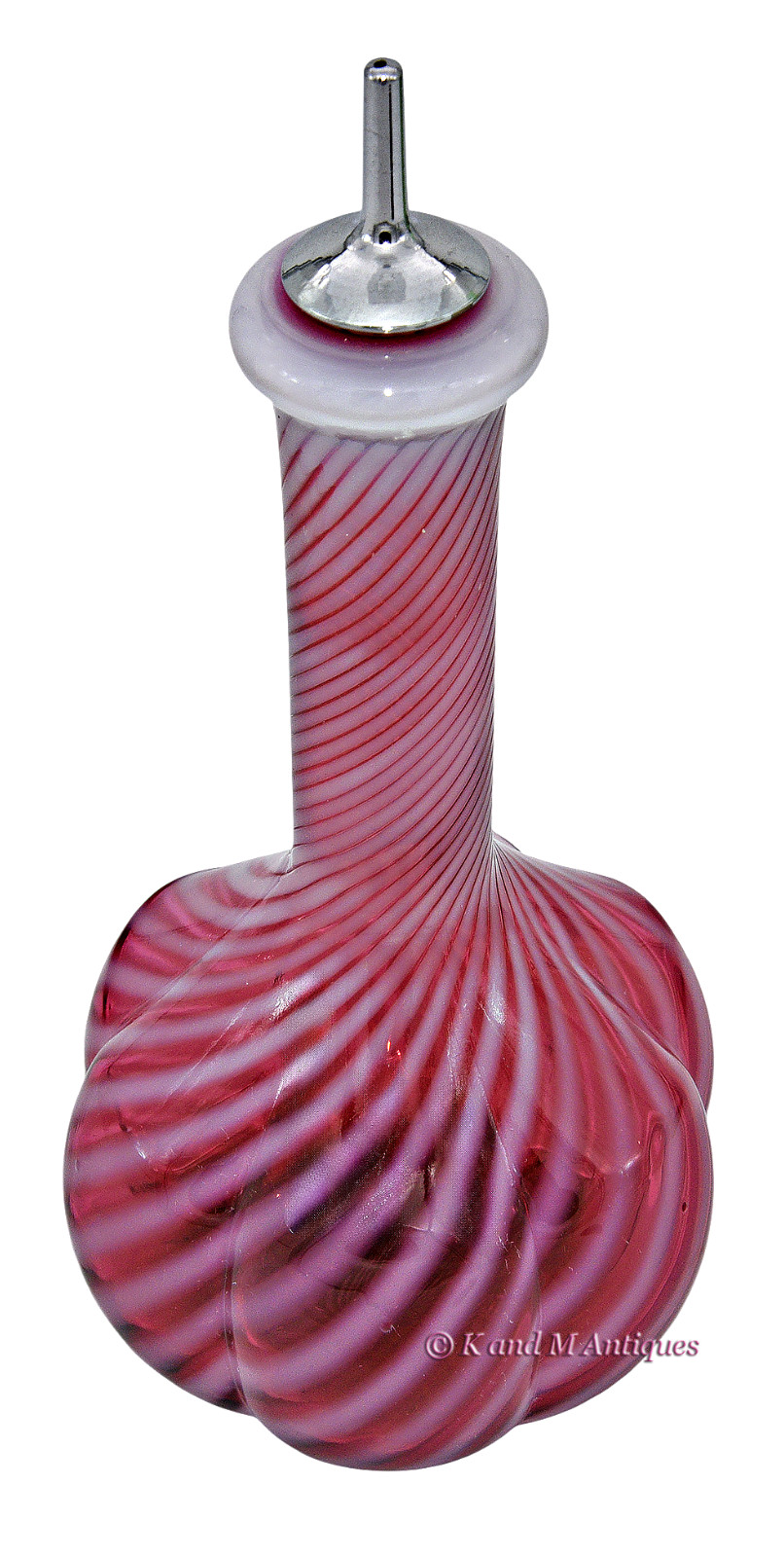 Fenton Cranberry Opal Spiral Optic Barber Bottle- Made For L.G. Wright