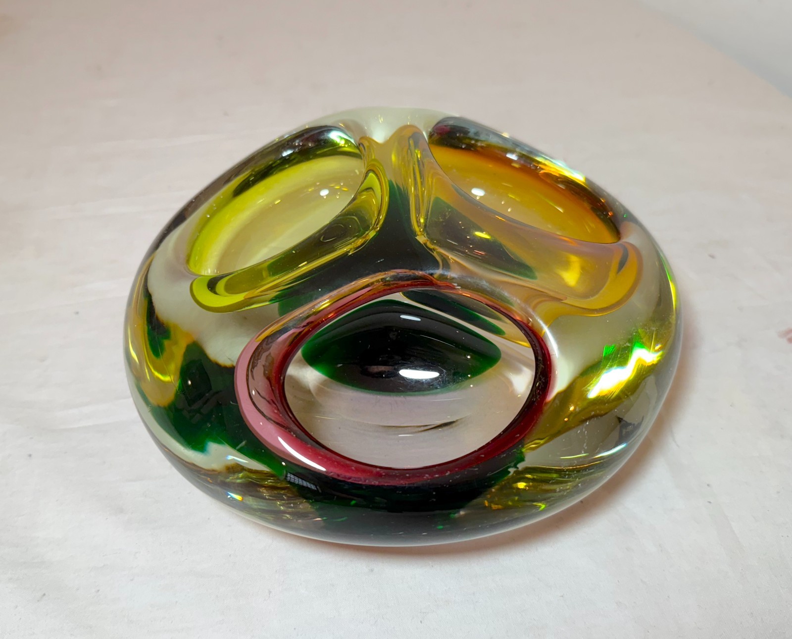 Large vintage hand blown 3 chamber Murano art glass cigarette cigar ashtray