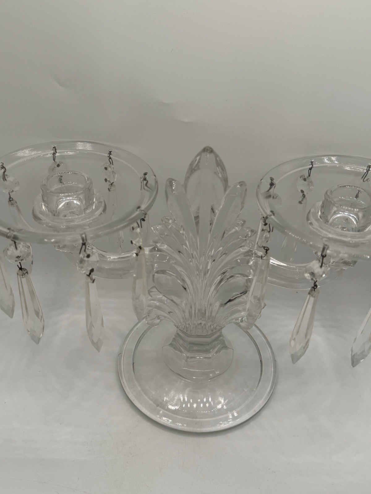 Fostoria Double Arm Crystal Candelabra with Bobeches & Prisms – Art Deco VTG