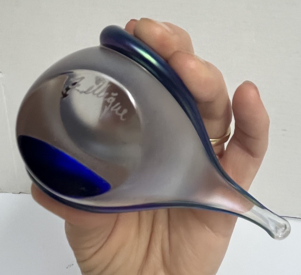 Zellique Art Glass Signed Bird Iridescent Blue With Heart.