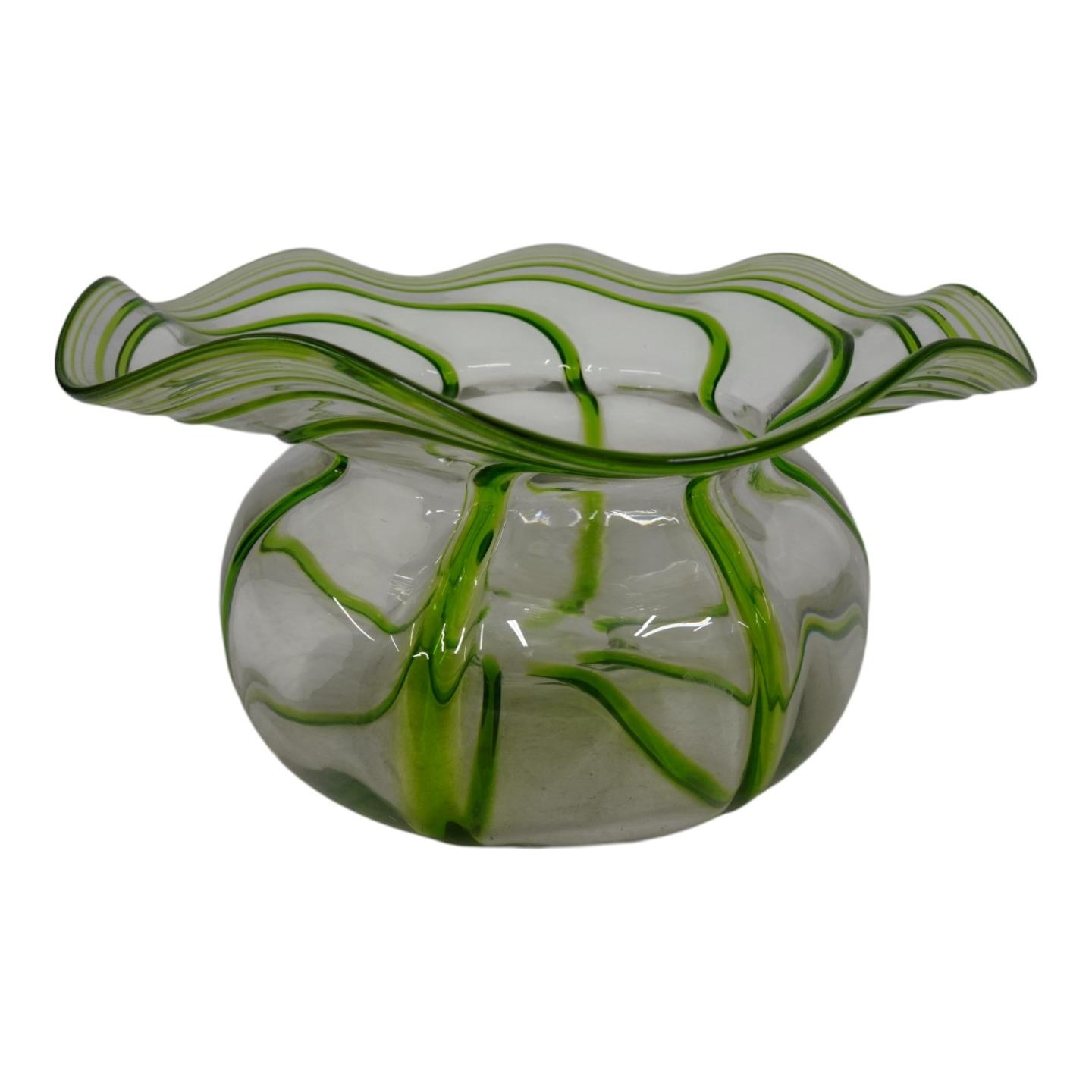 Stuart & Sons Stourbridge Hand Blown Green Trailed Art Bowl Glass Vase HT8