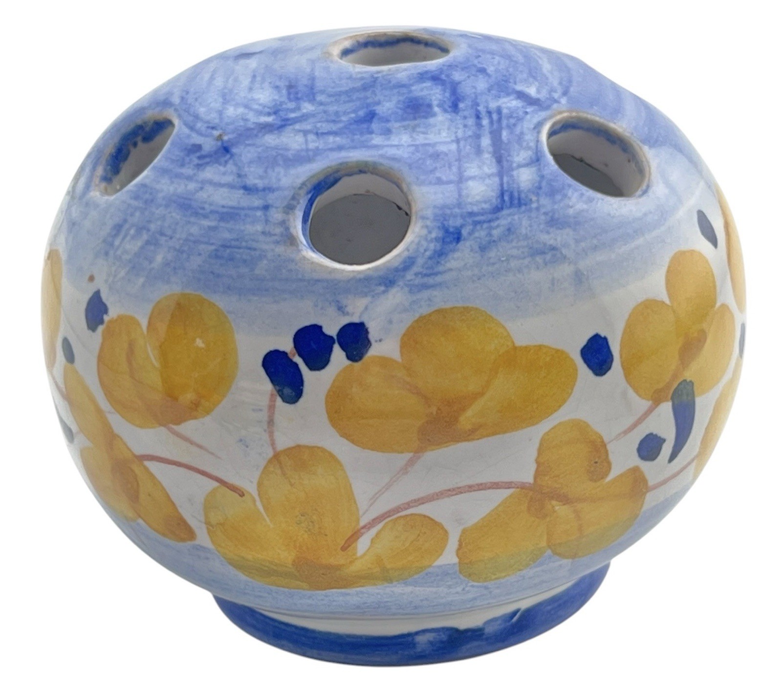 Vintage Italian Pottery Flower Frog Vase Pansy Pot Hand Painted Yellow & Blue 3”