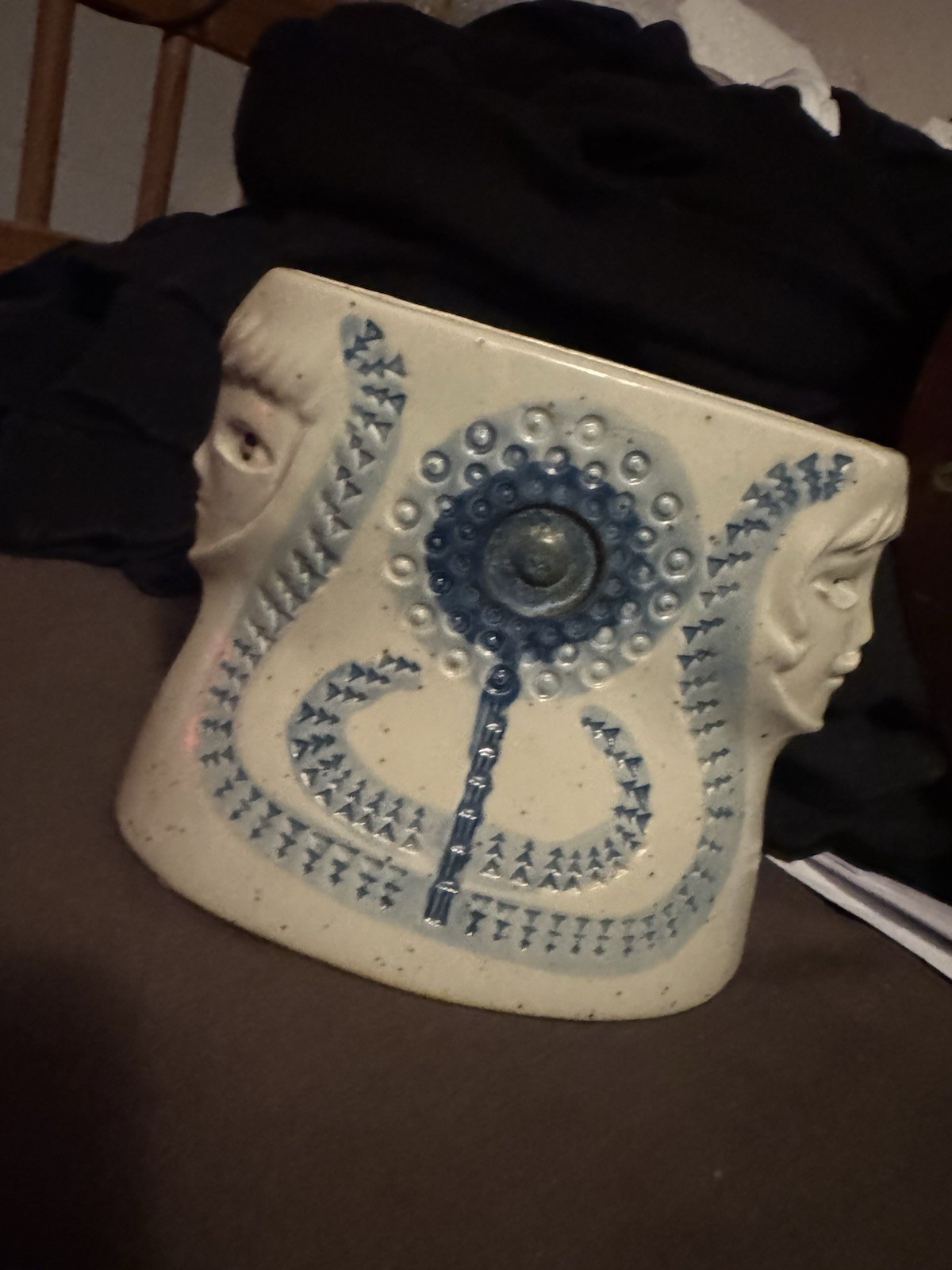 MCM Vintage Two Faces Heads Abstract Blue White Ceramic Pottery Vase