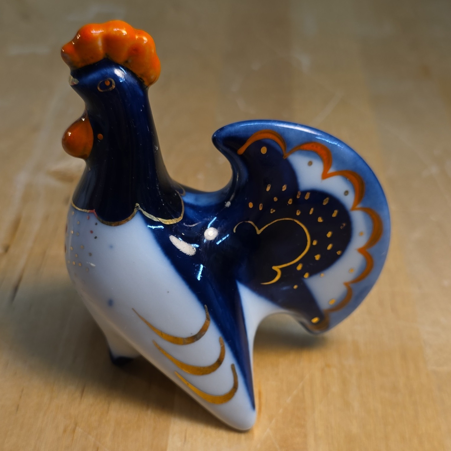 USSR Ceramic Rooster Figurine Hand Painted Blue White Orange Gold Glossy