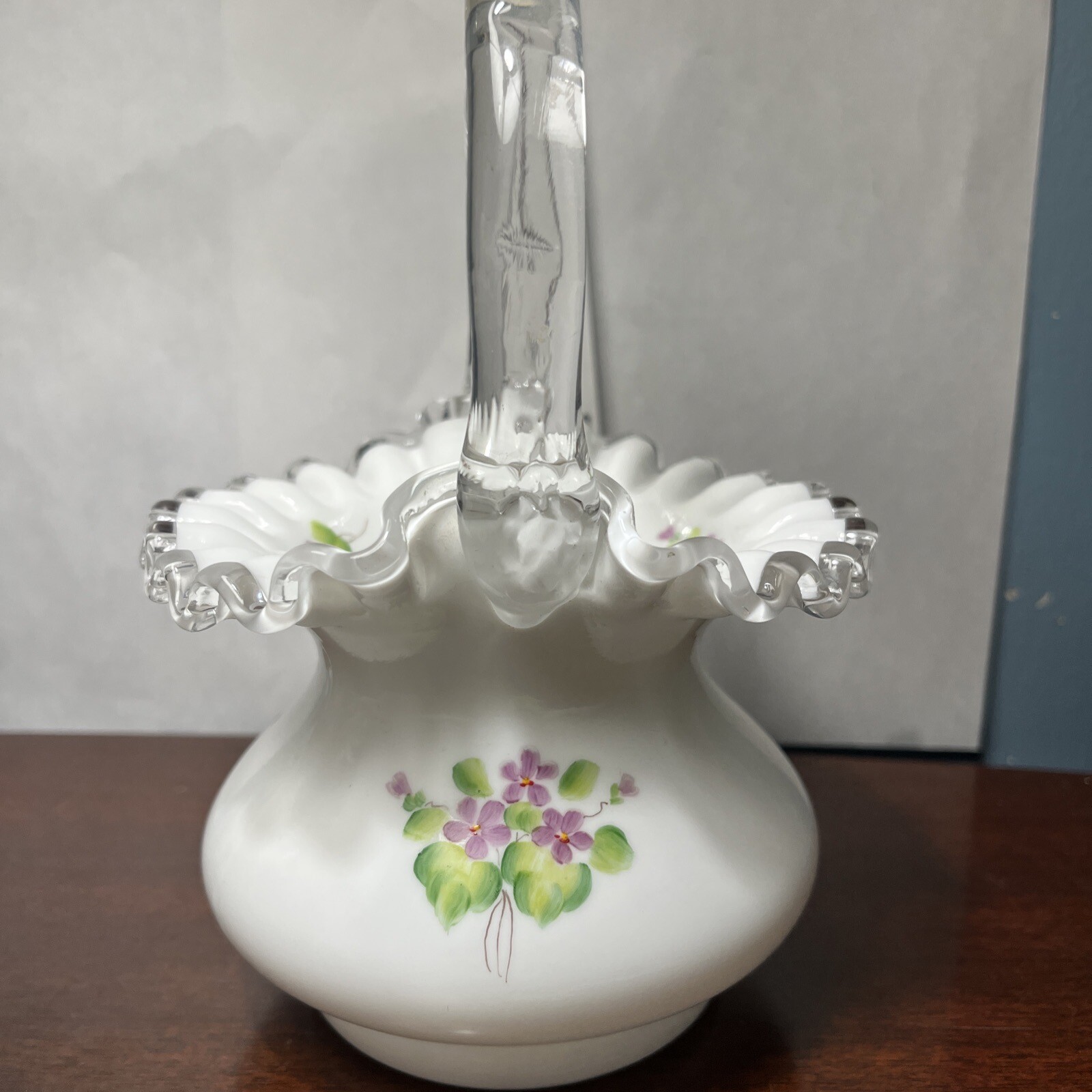 Signed Fenton Art Glass violets in the snow glass basket #7437 1968-1980