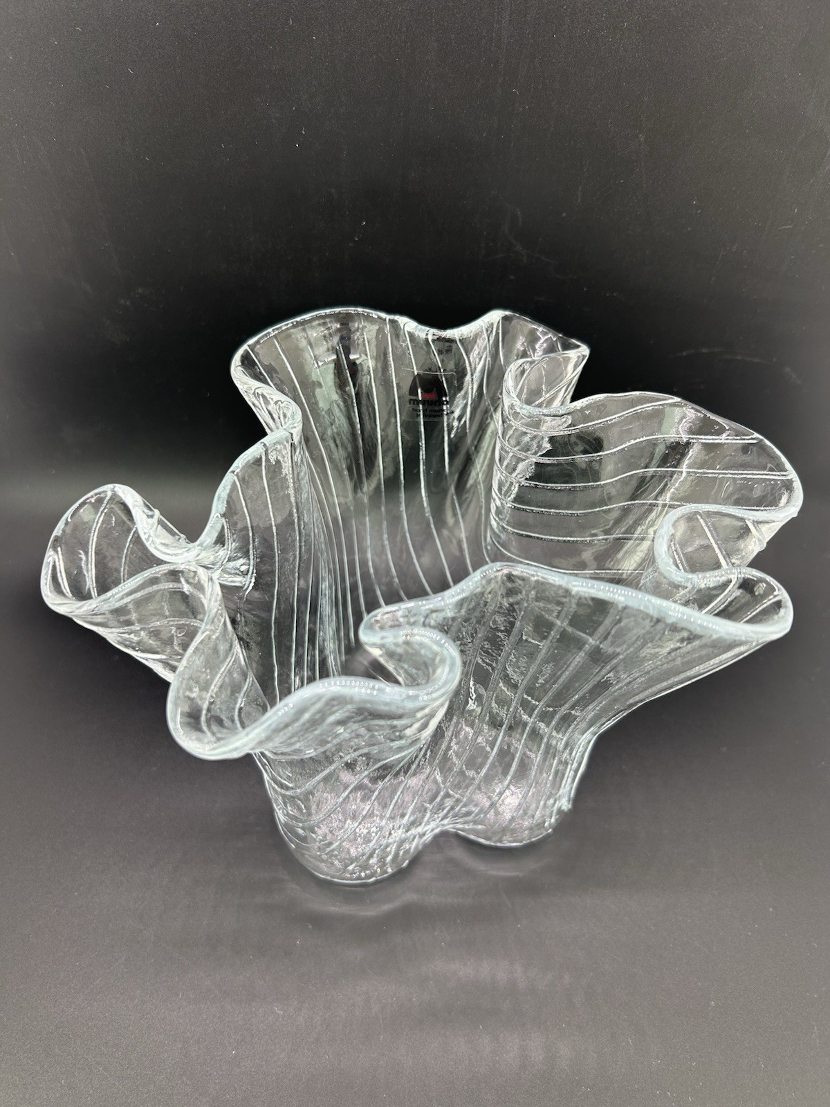 Muurla Finland Clear Textured Ruffled Art Glass Vase Lines UNIQUE! New S11