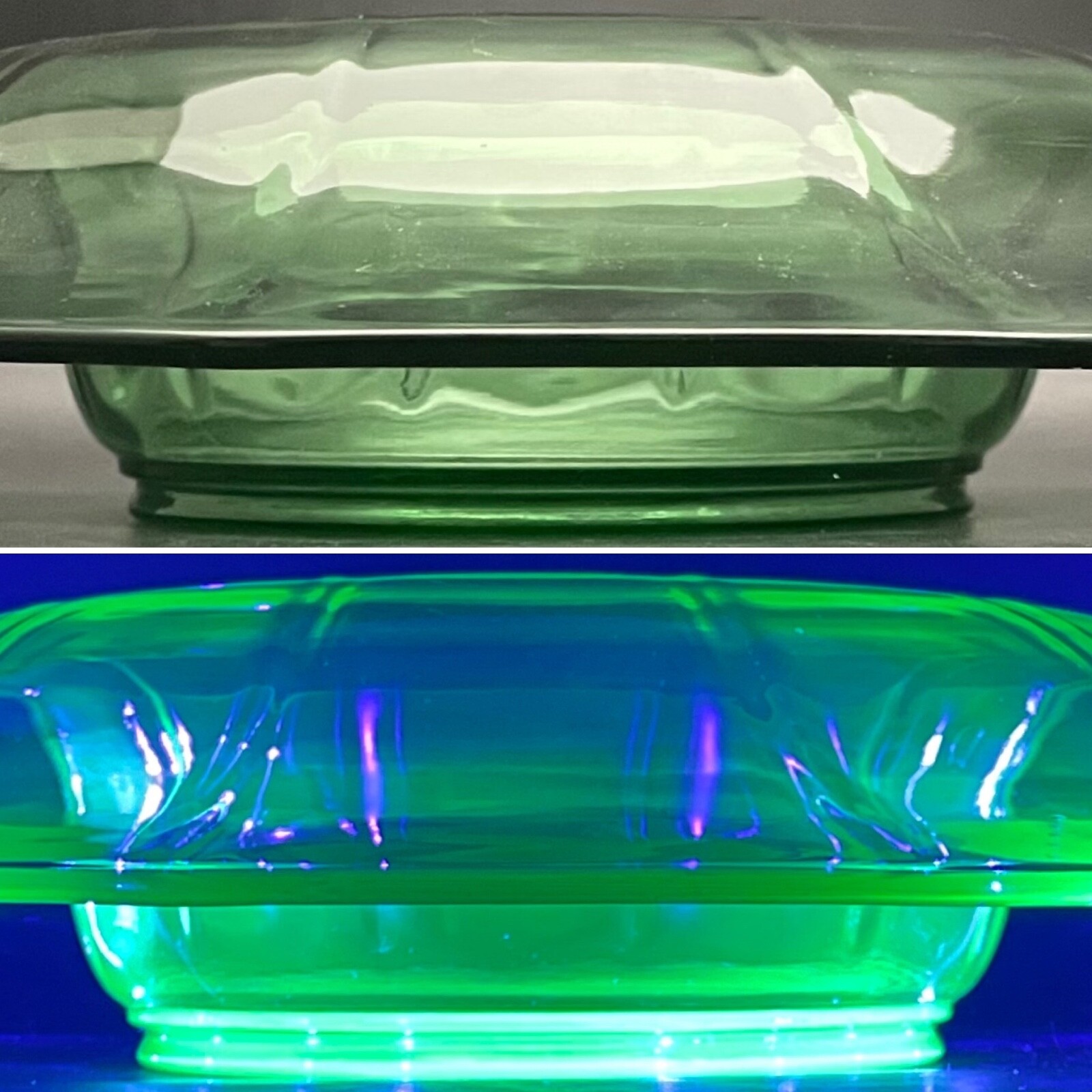 Cambridge Green Uranium Glass XL Dodecagon Optic Console Bowl Made in USA 15″dia