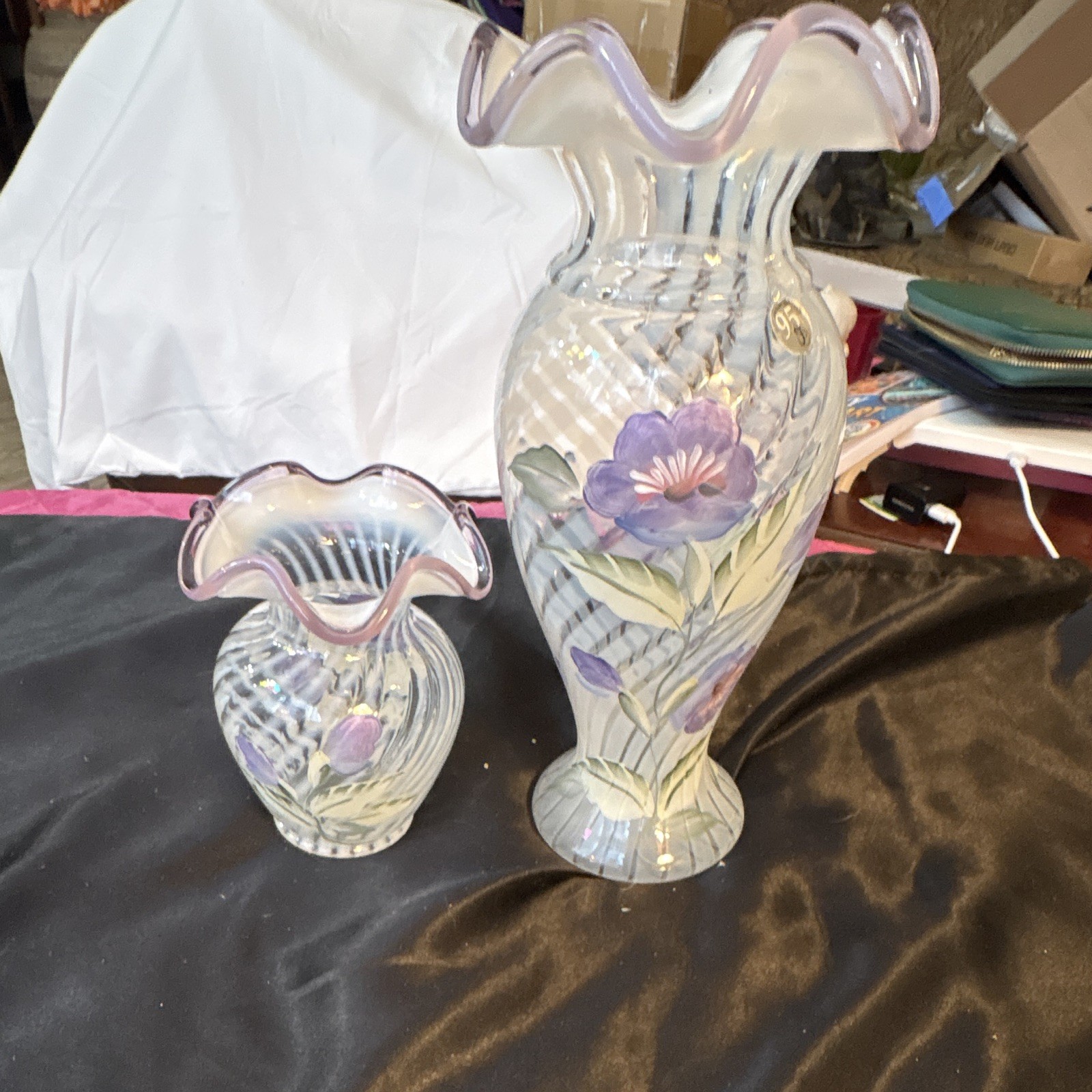 Fenton Hand Painted Art Glass Floral Ruffled Rim Vases Lot Signed 1995 Vintage