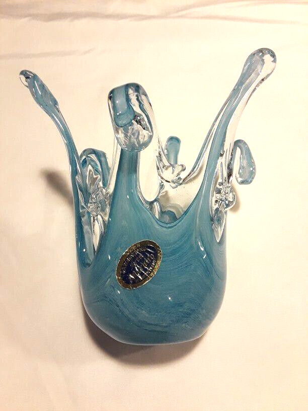 Stunning Murano Glass Freeform Basket/Votive Hand Made In Italy Blue Swirl 6″x6″