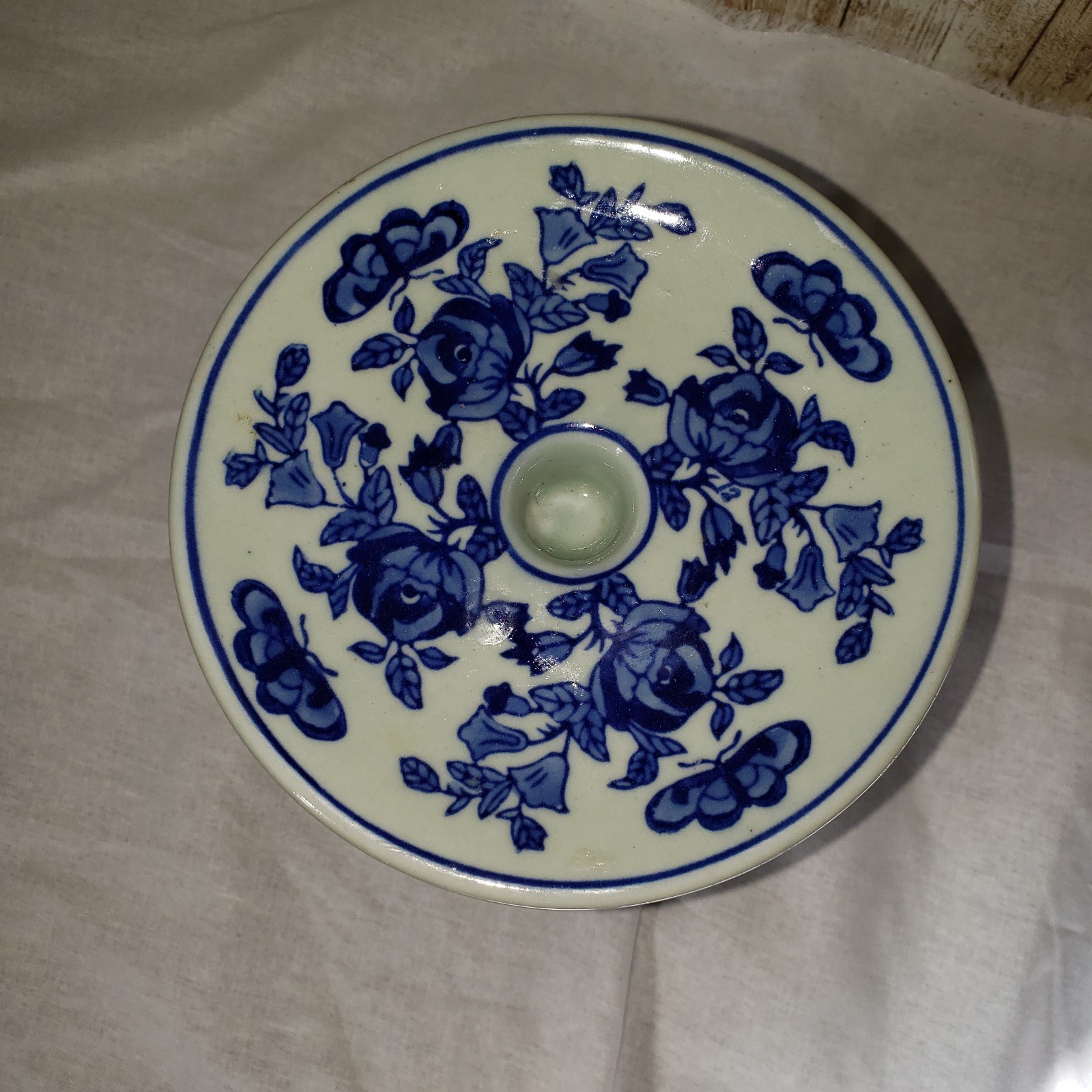 Ceramic candleholder floral, blue & “Light Mint” Chinoiserie style, Rare Color
