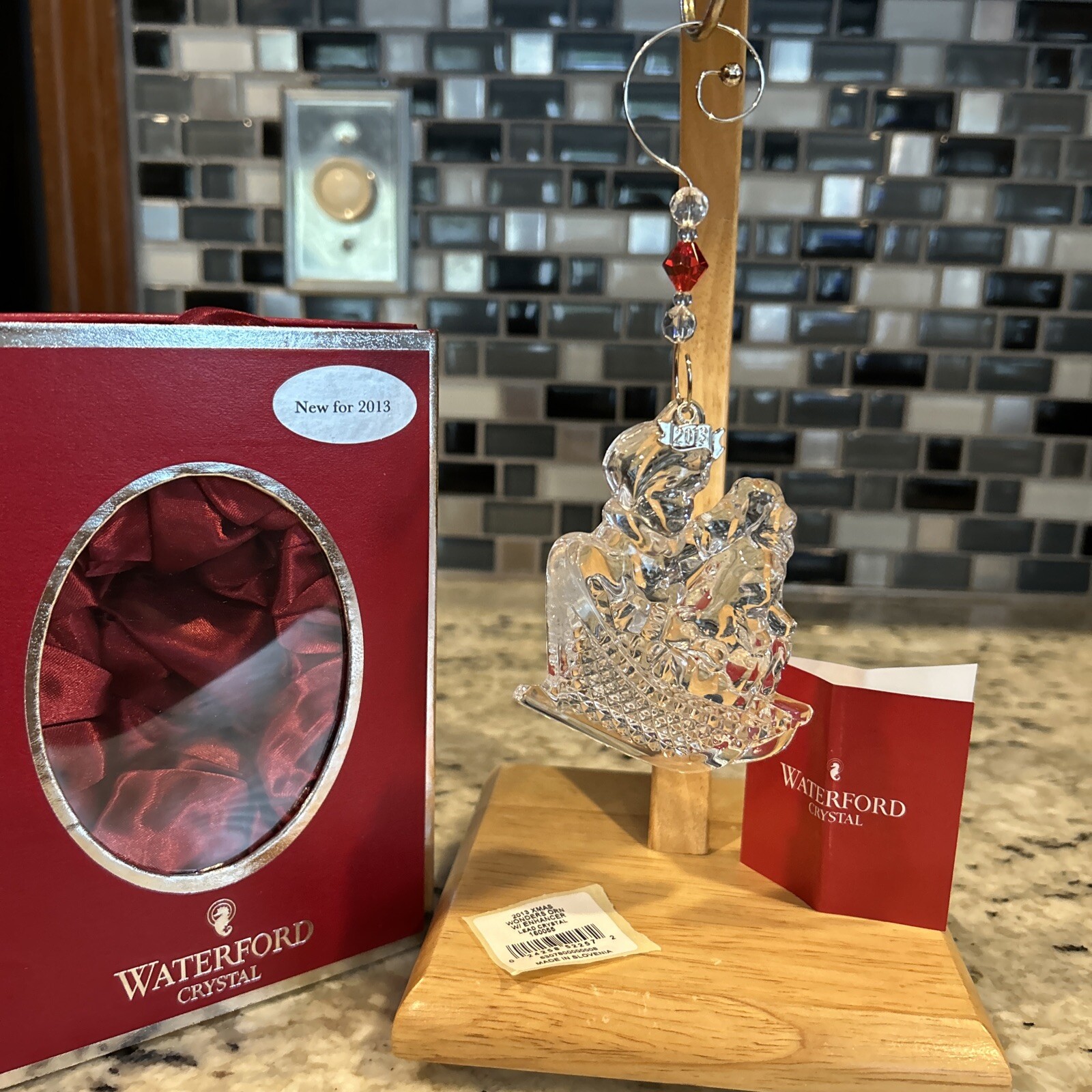 WATERFORD Crystal 2013 Christmas Wonders Boy on Sled w Puppy Ornament / Enhancer