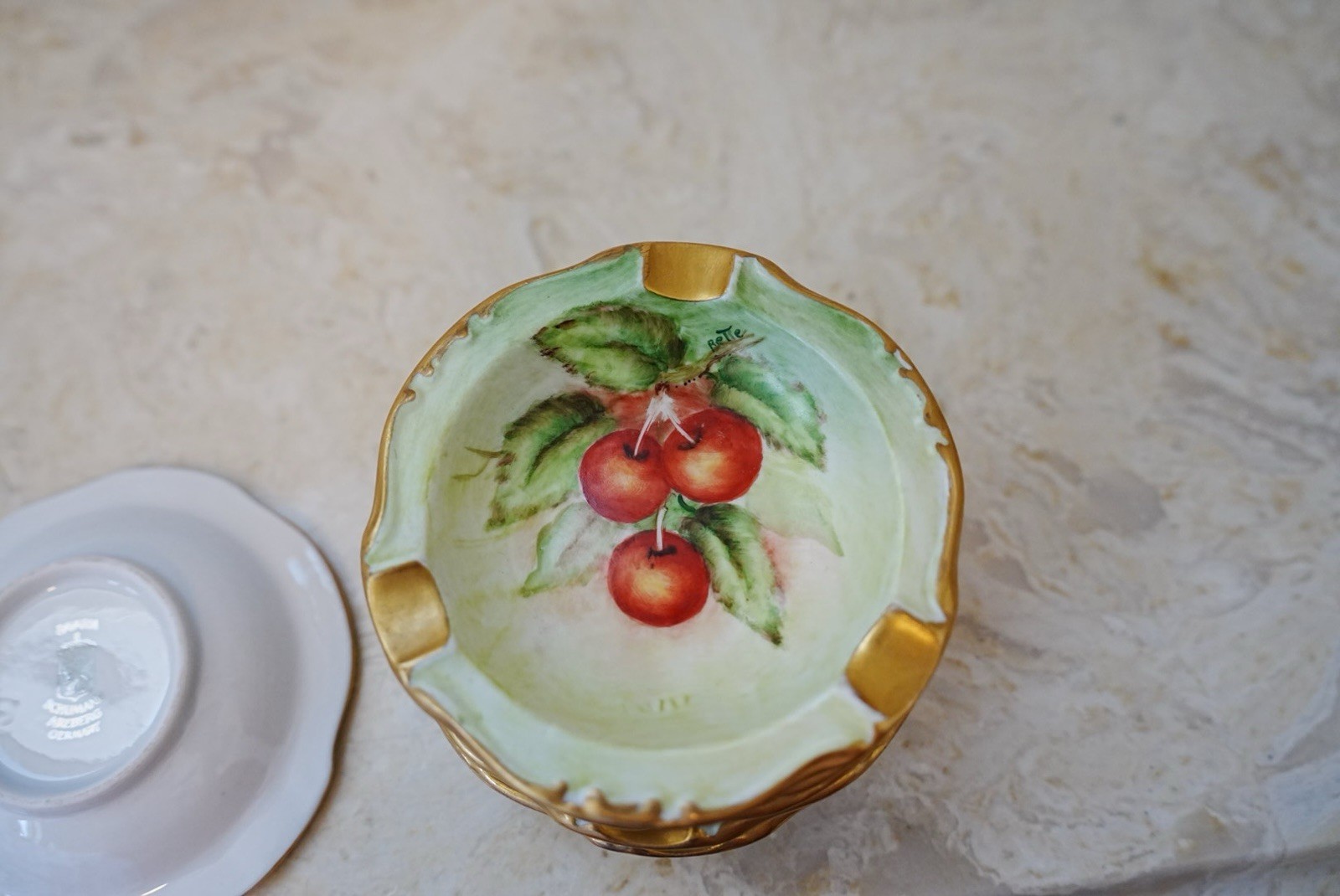 Vintage RS Germany Porcelain Ashtray Set (6) Hand Painted Cherries Gold Trim