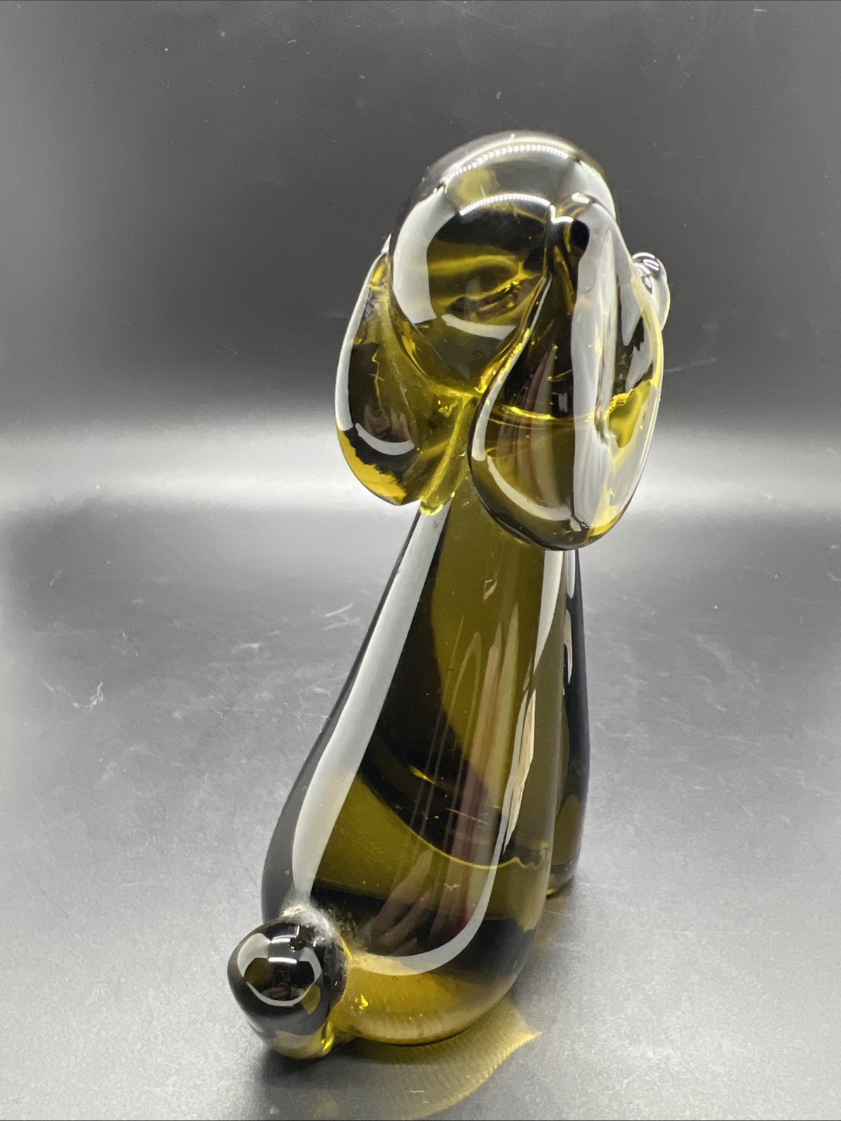 Salviati Murano Art Glass Dark Olive Green Seated Dog Figurine, Signed On Base