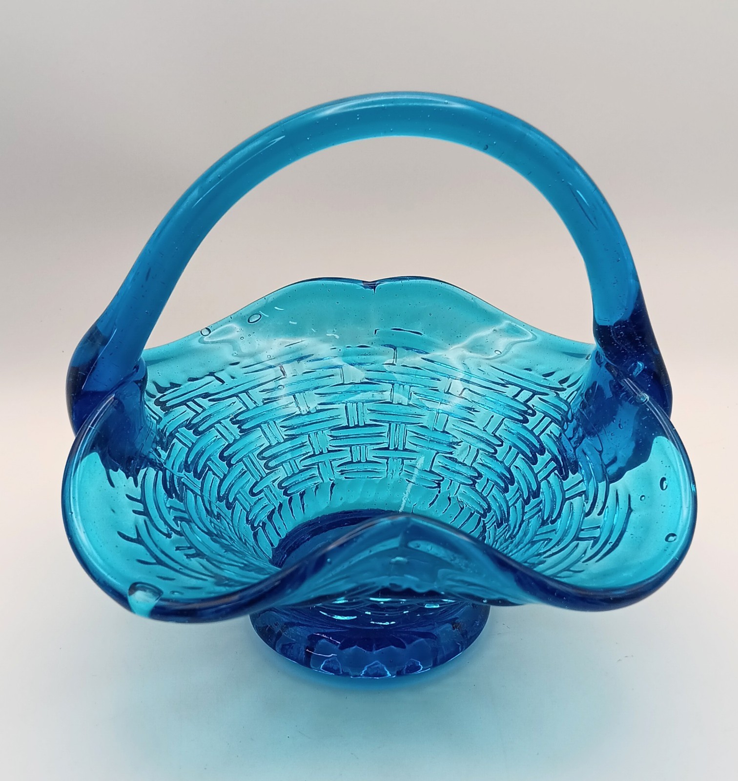 Vintage Fenton Style Blue Glass Basketweave Basket Crimped Ruffled Candy Dish