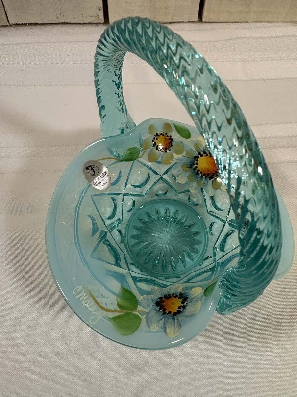 Fenton Robin’s Egg Blue Opalescent Sunflowers Hand Painted Basket Signed
