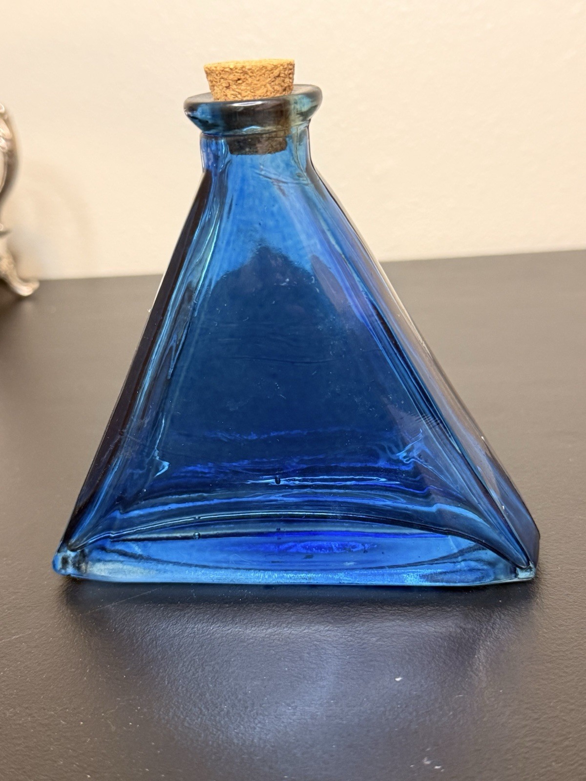 Vintage Blue Cobalt Glass Triangular Bottle with Cork Stopper Glossy Finish