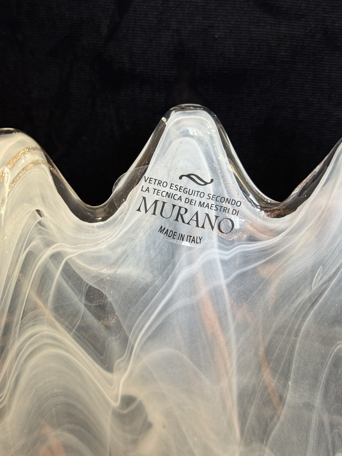 NWT Murano Italy Handblown Glass Vase White & Gold Sparkle Swirl 5”Hx5.5”W 1.2lb