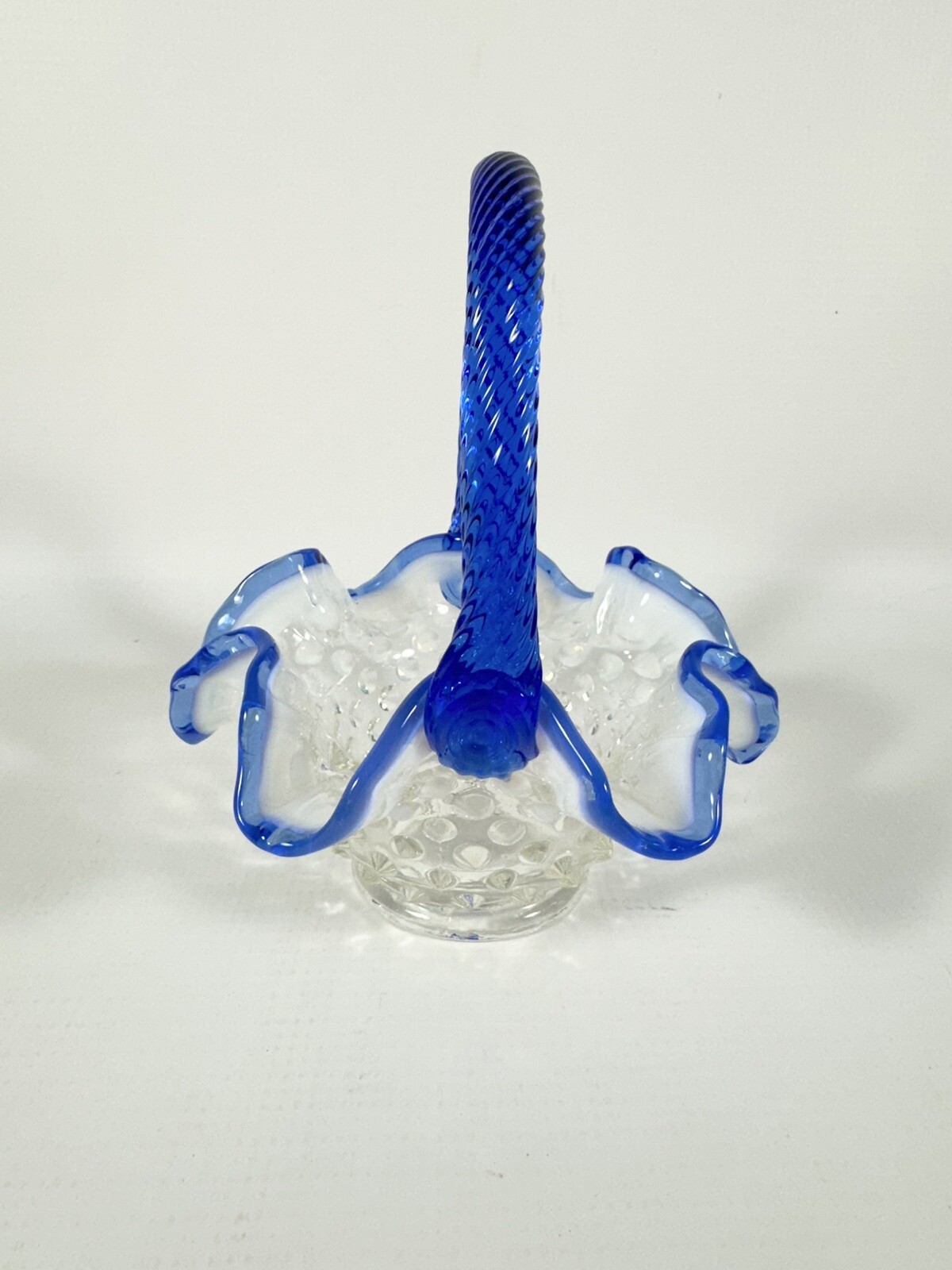 Vintage FENTON Sapphire Blue Crest Opalescent Hobnail Ruffle Top Basket