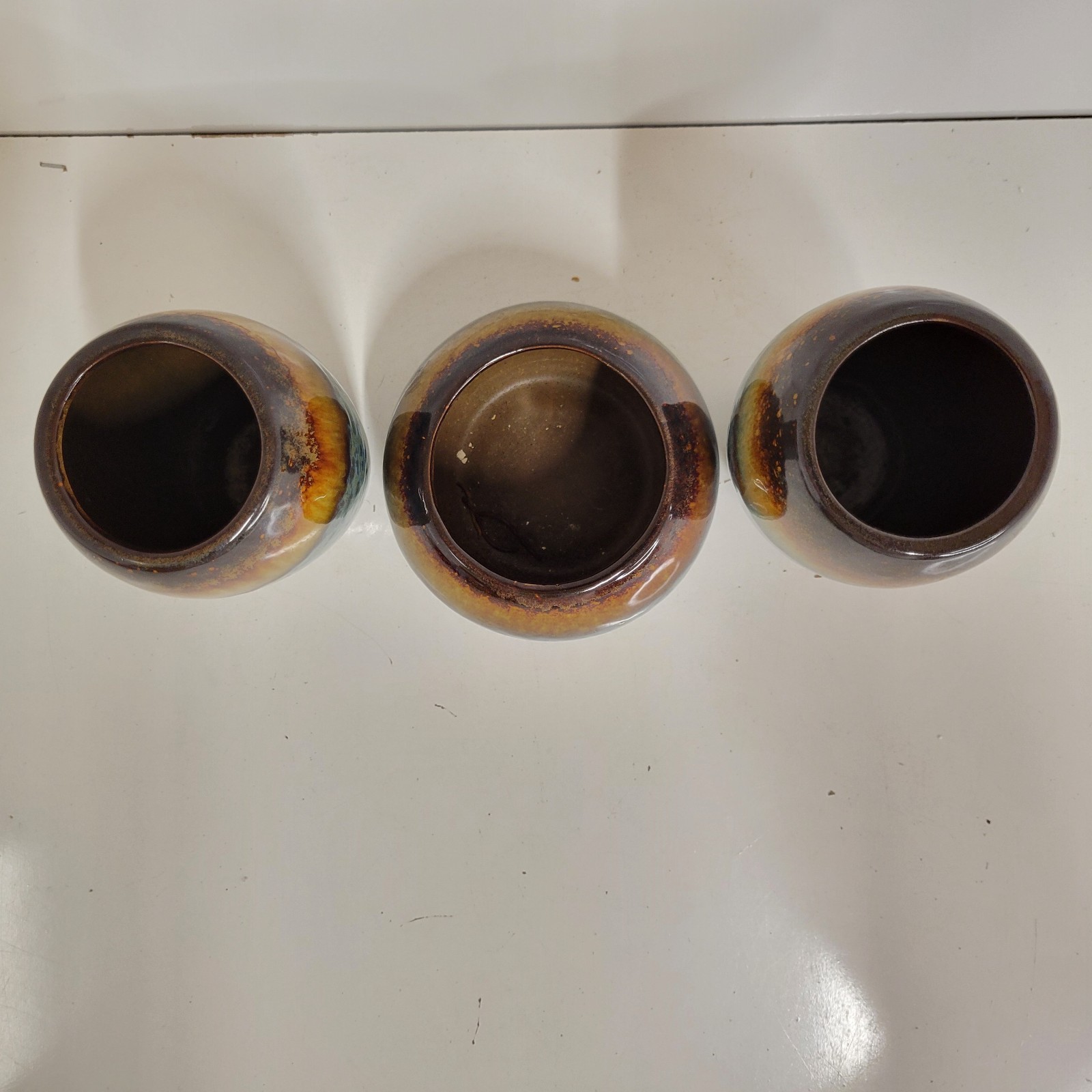 Lot of 3 Ceramic Vase Planter Set With Blue & Brown Glaze Finish