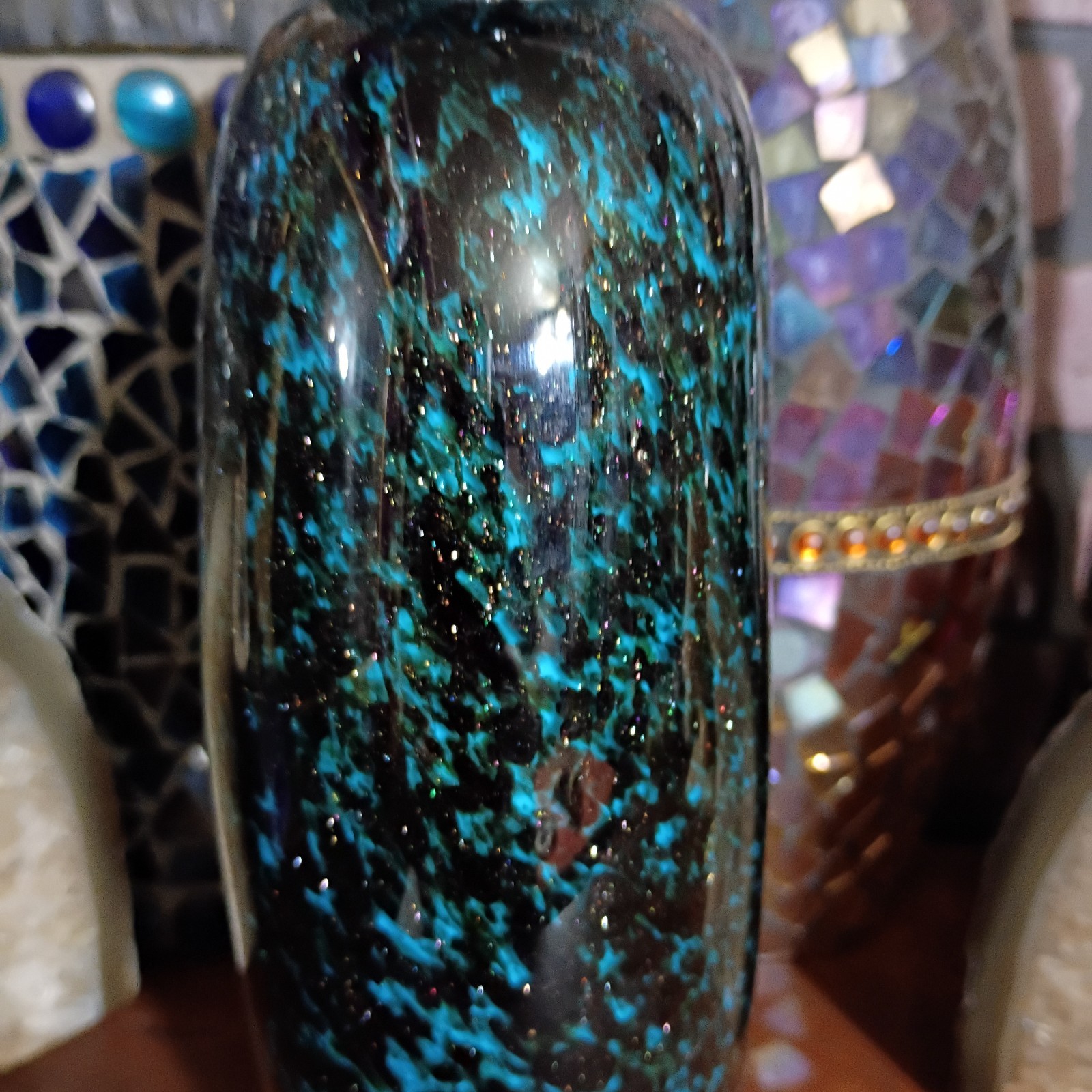 Sparkly 10.5 In Chinese Blown Cased Glass Vase Black Blue Gold Copper? Flakes 6#