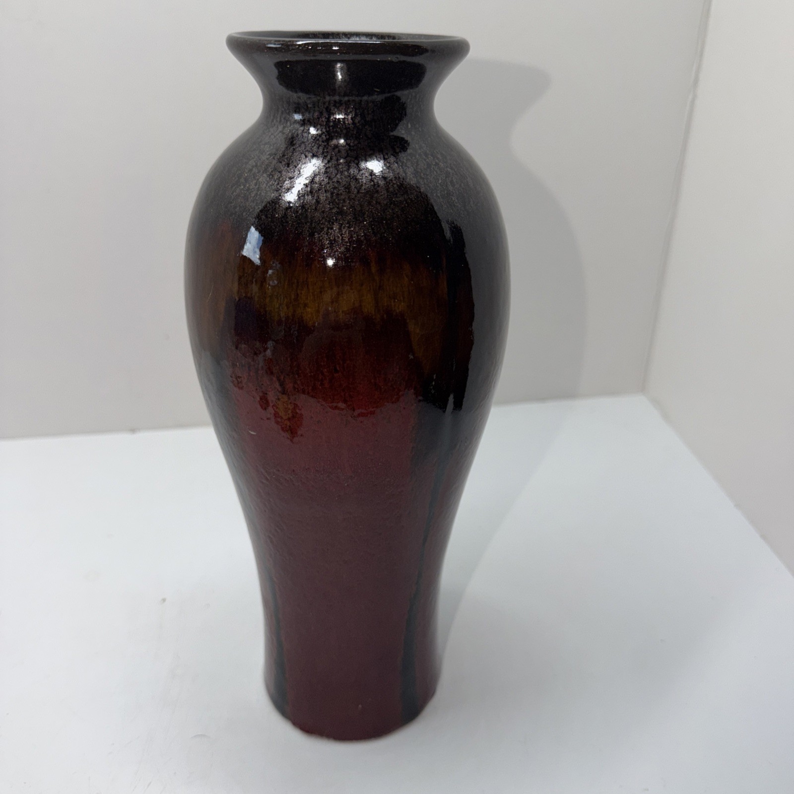 Studio Art Pottery Drip Glaze Brown Red Gold Earth Tones 11” Mantal Flower Vase