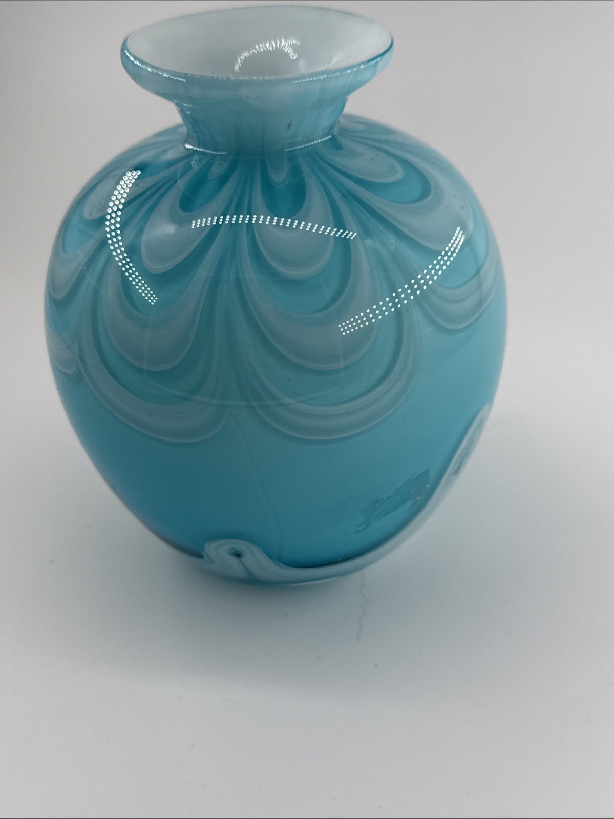 Turquoise And White Swirl White Case Hand Blown Art Glass Vase 5 Inches Tall
