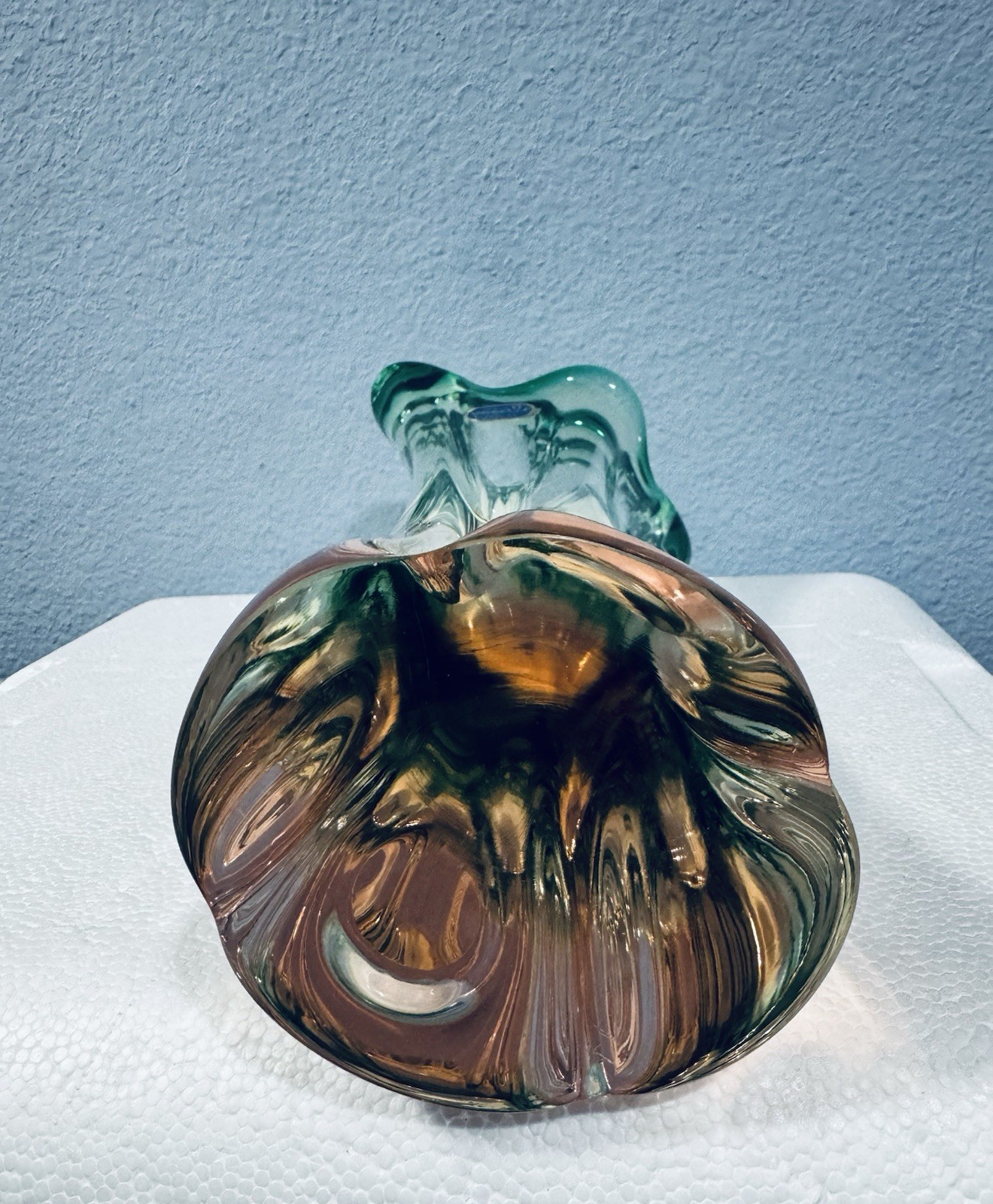 VTG Bohemia Glass Vase Josef Hospodka Green Pink Large 11.75″ Tall Heavy *READ*