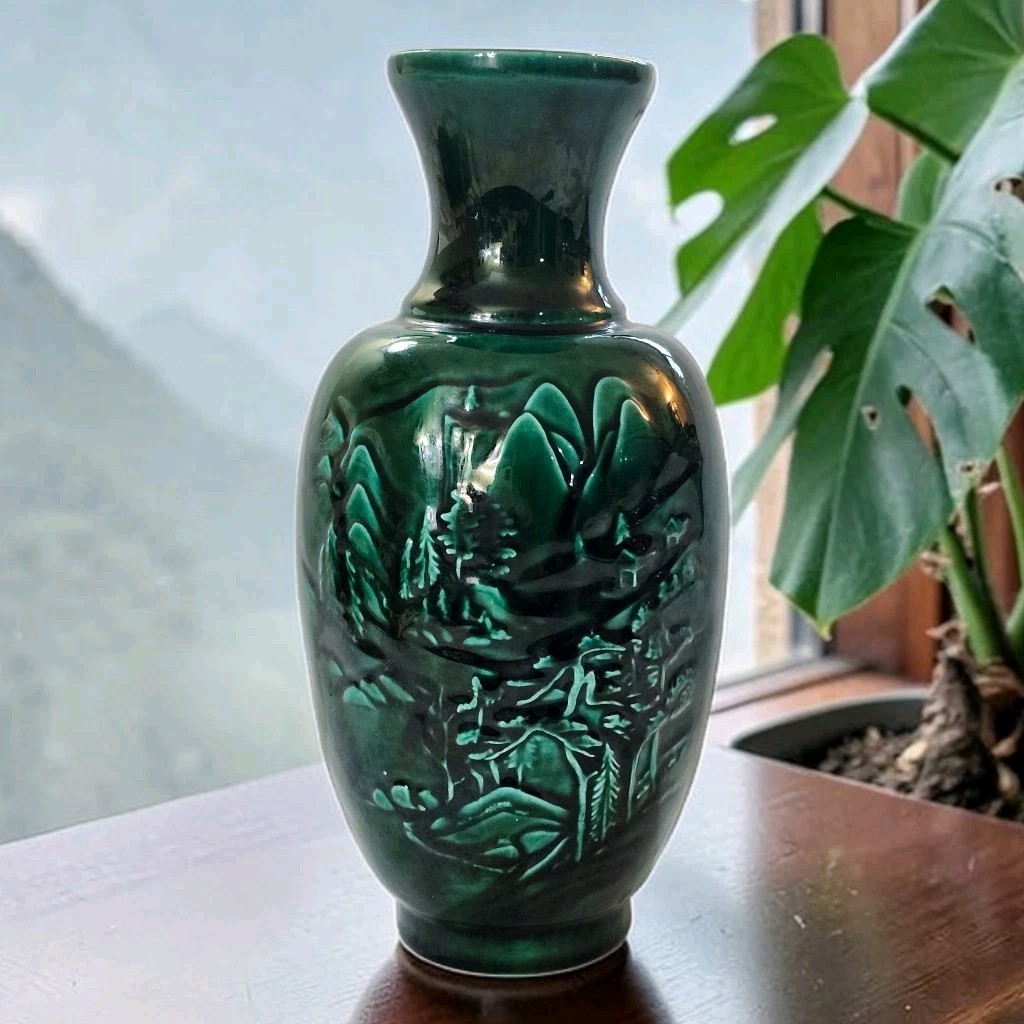 Vtg Pottery Vase Embossed Asian Mountin Pine Tree Scene Green Glaze 8.25″T EC