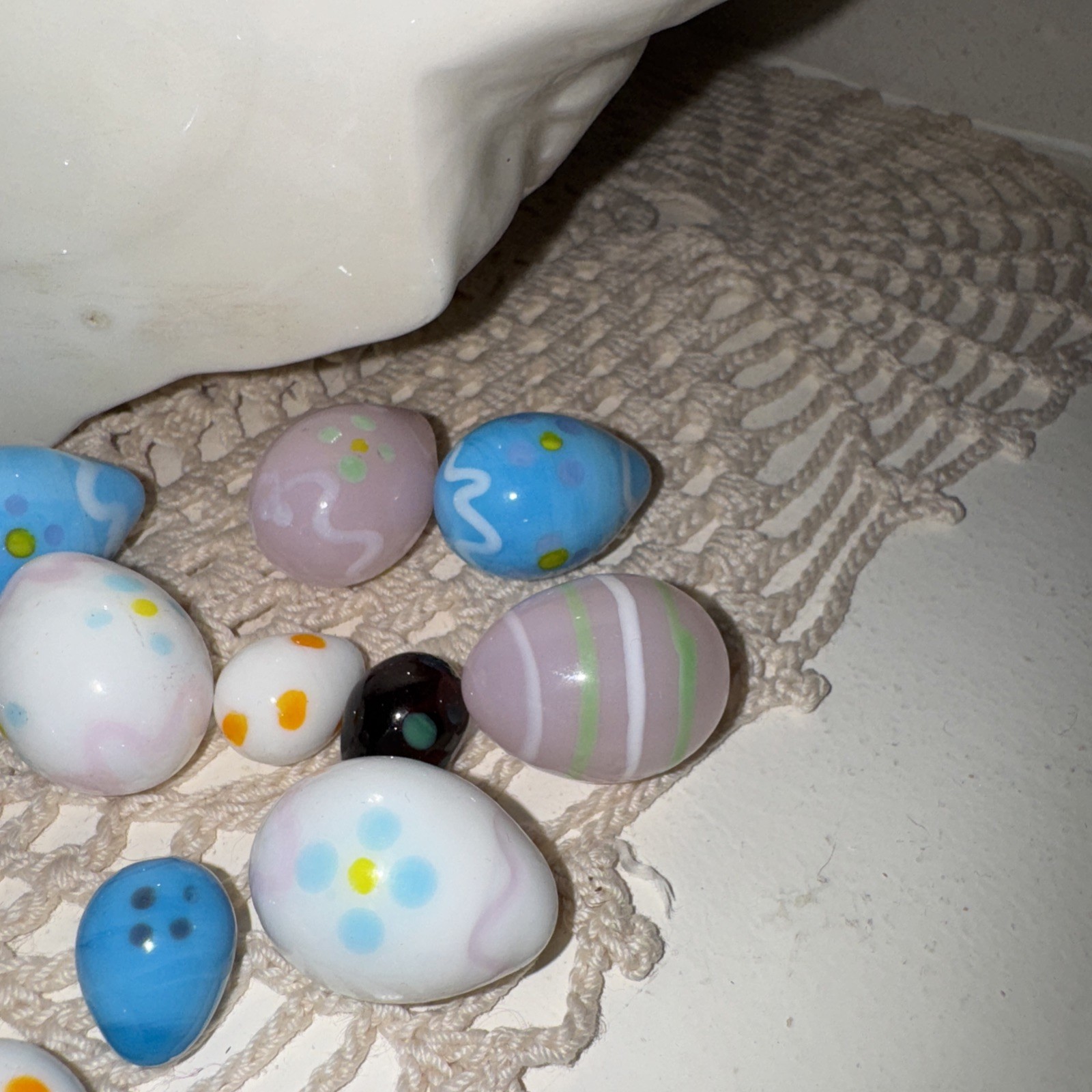 22 Hand Blown Glass Eggs & Large 9.5” Bunny Rabbit Planter Vintage Easter Decor