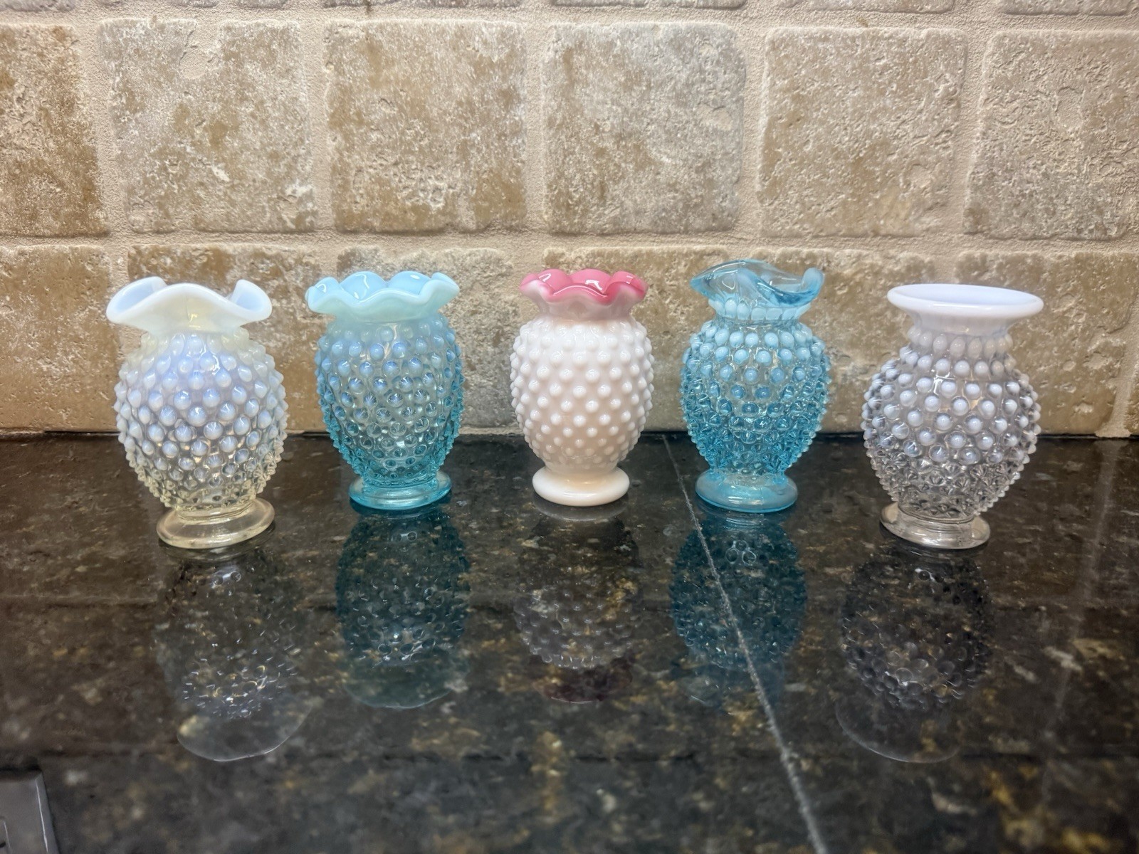 VTG LOT of 5 FENTON USA Hobnail Art Glass Flower Bud Vase Blue Peach White