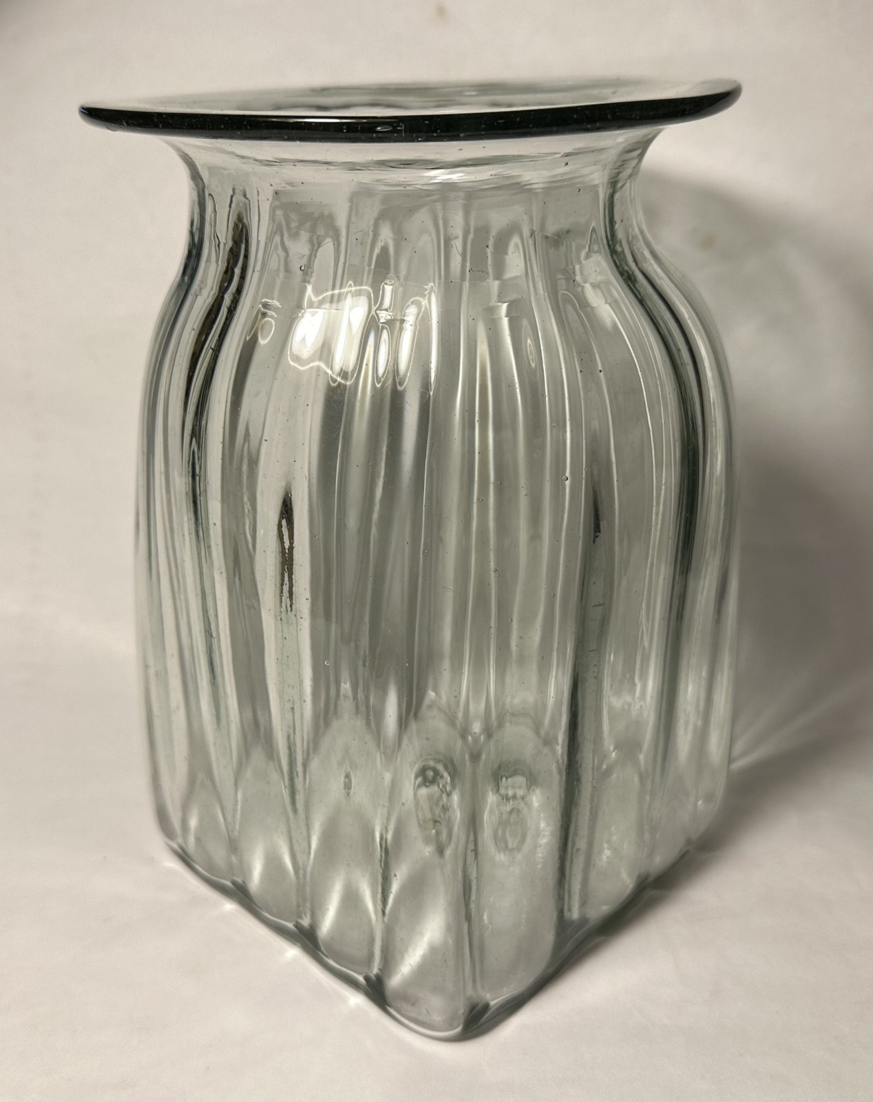 Heavy Ribbed Light Aqua Blown Art Glass Vase Jar 8″