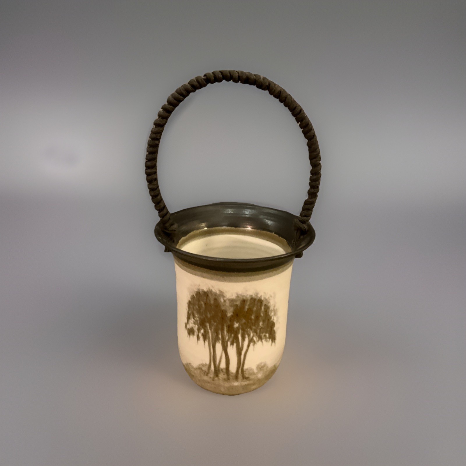 Nancy Bishop Pottery Pot Basket Jar Silhouette Trees w Corded Raffia Handle 5.5”