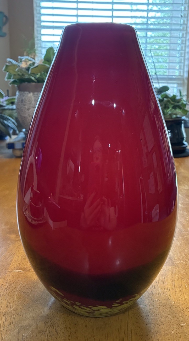 Red Black & Lime Green Art Glass Vase Made in China Medium Size
