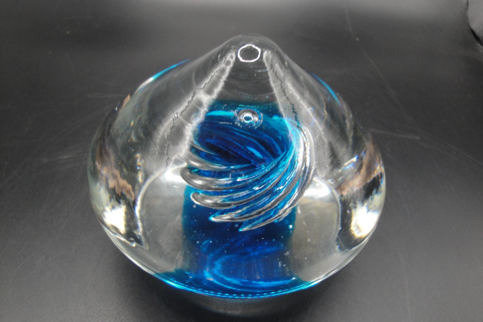 Vintage Hand Blown Studio Art Glass Swirled Paperweight, Encased Blue, U.S.A.