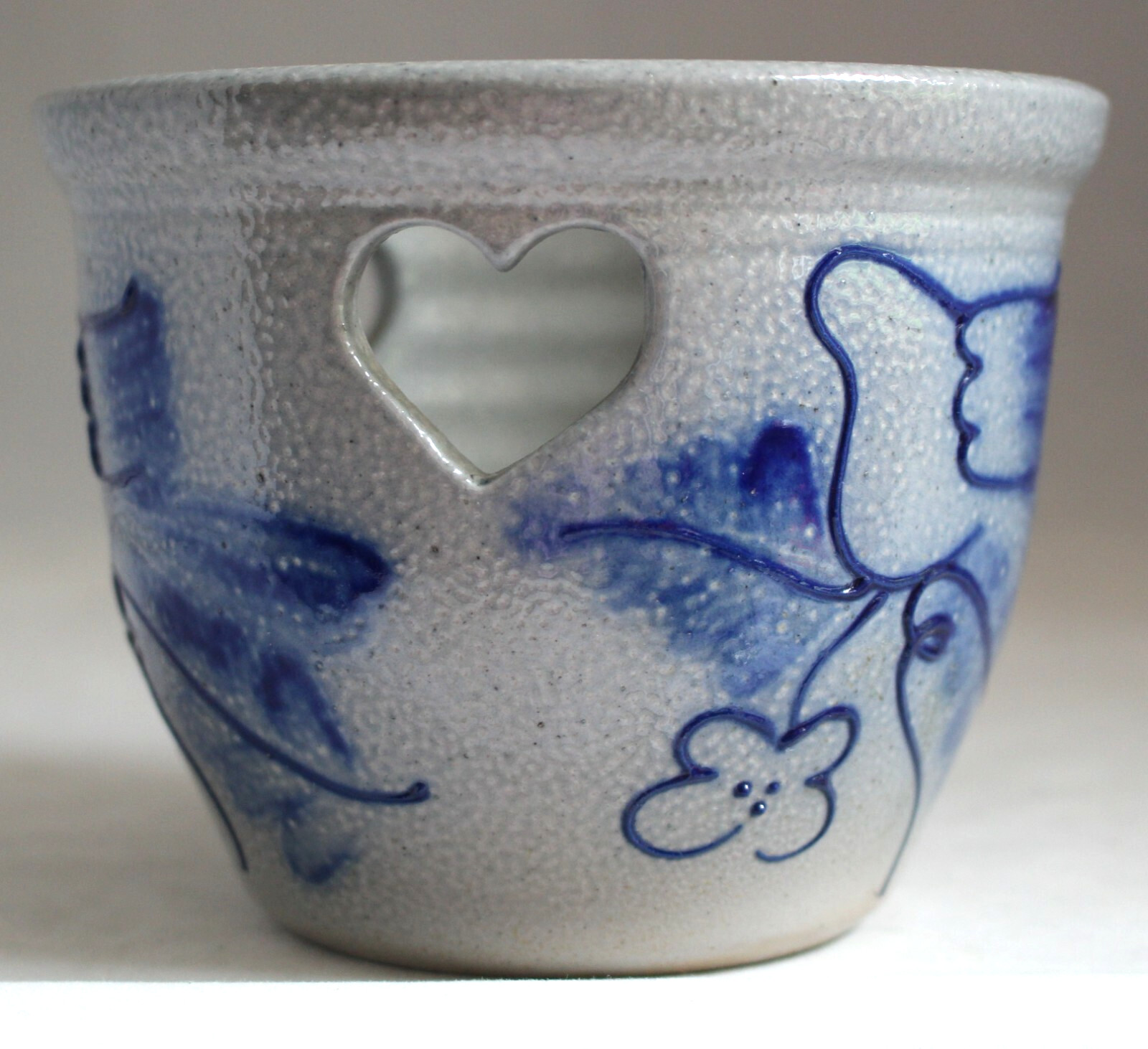 Eldreth Pottery Crock Salt Glaze 2003 Bird Design Heart Cut Outs