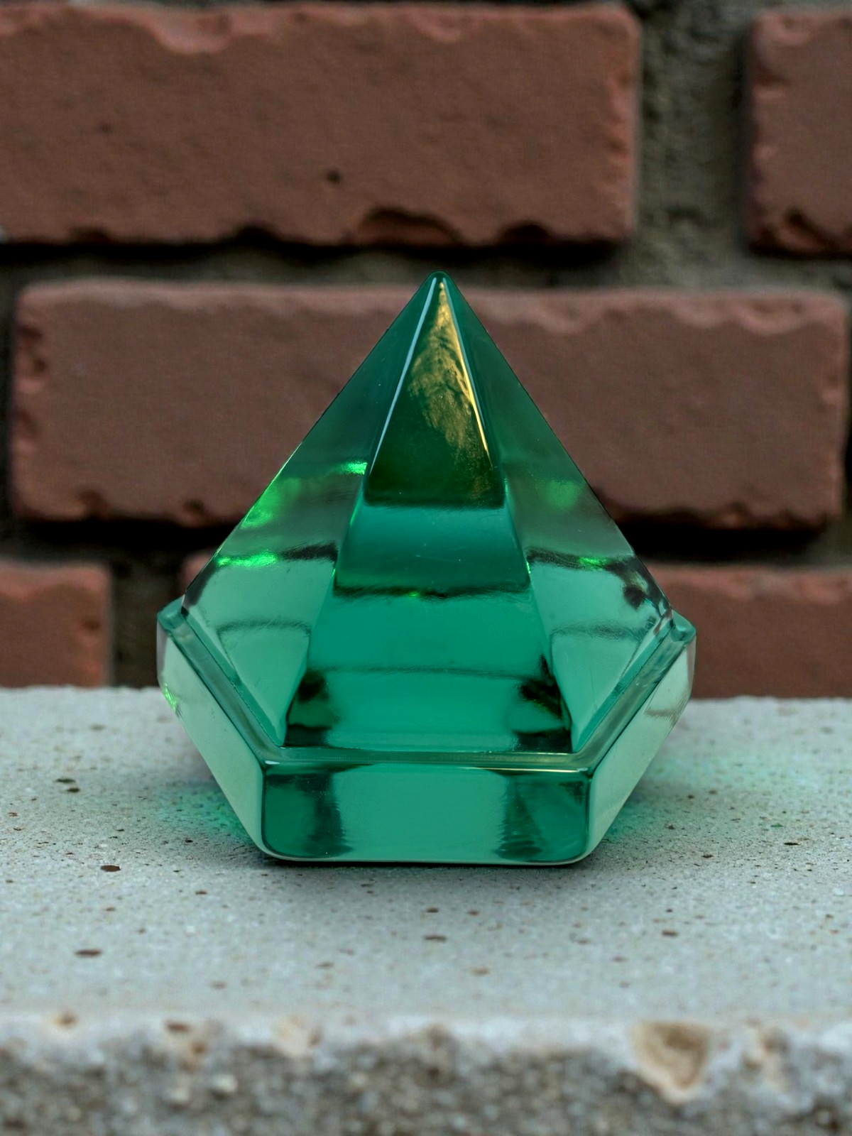 Green Glass Pyramid Paperweight Geometric Modern Desk Decor