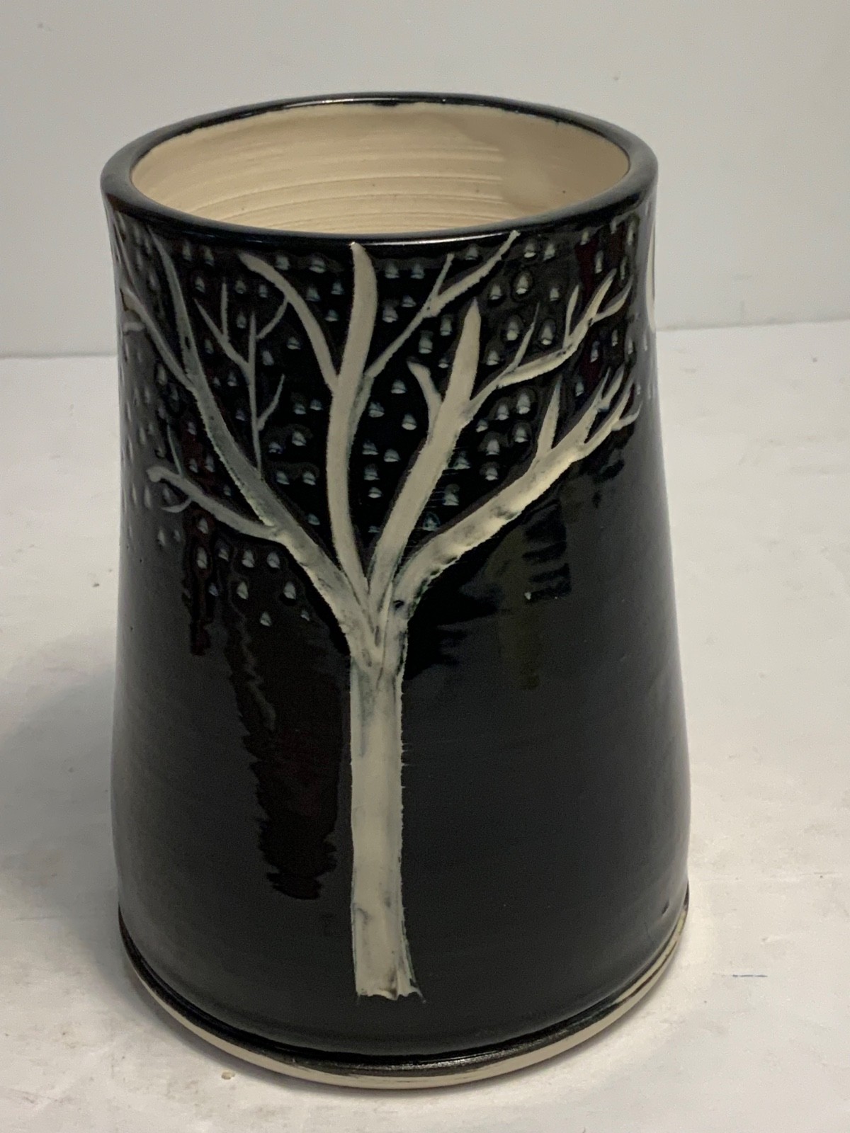 Evening Trees Rough Oval Carved Pottery Vase Signed 5.75 in.