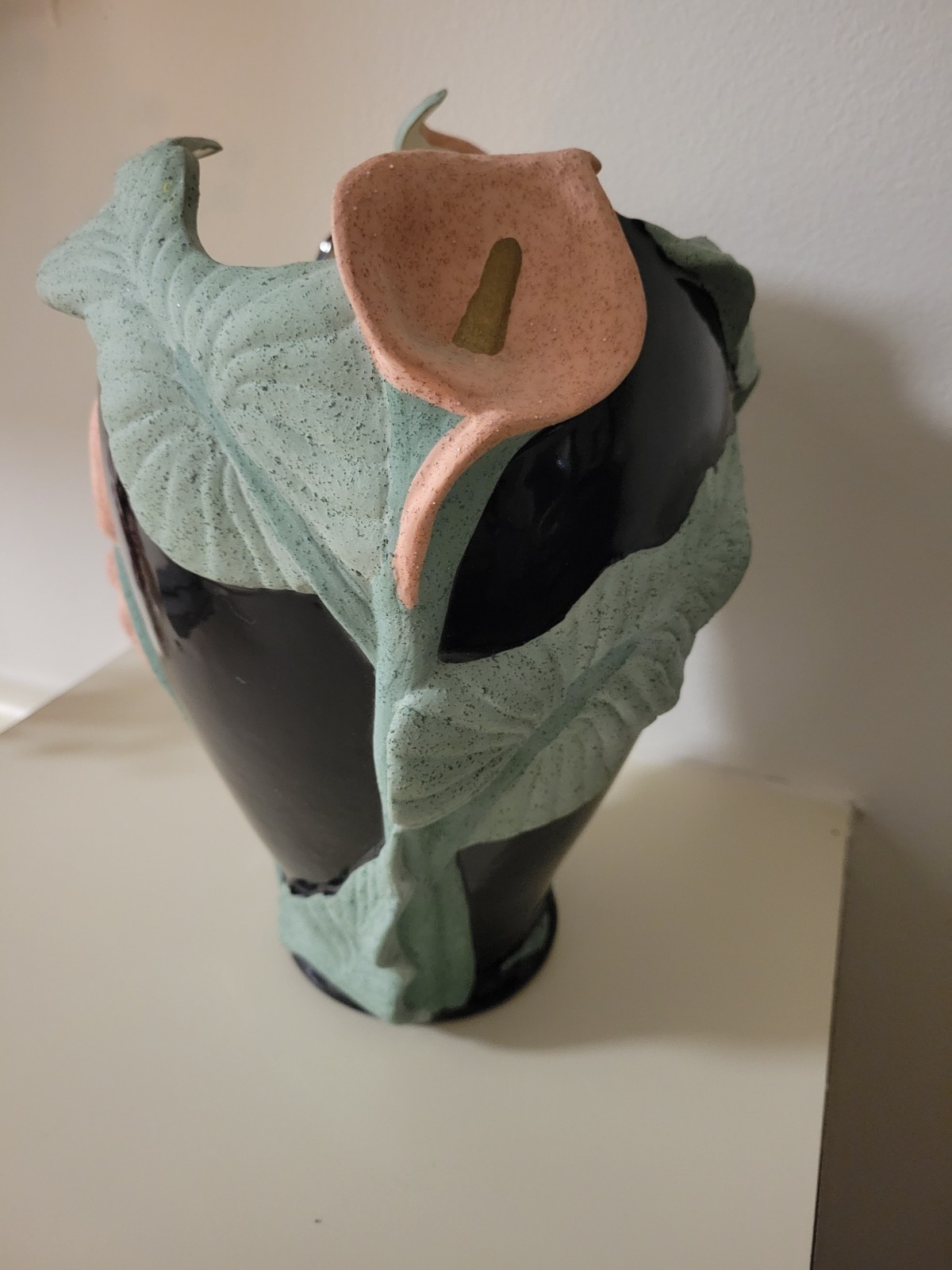 Postmodern Studio Pottery Calla Lily Vase Black Glossy MintGreen Peach 1990s Art
