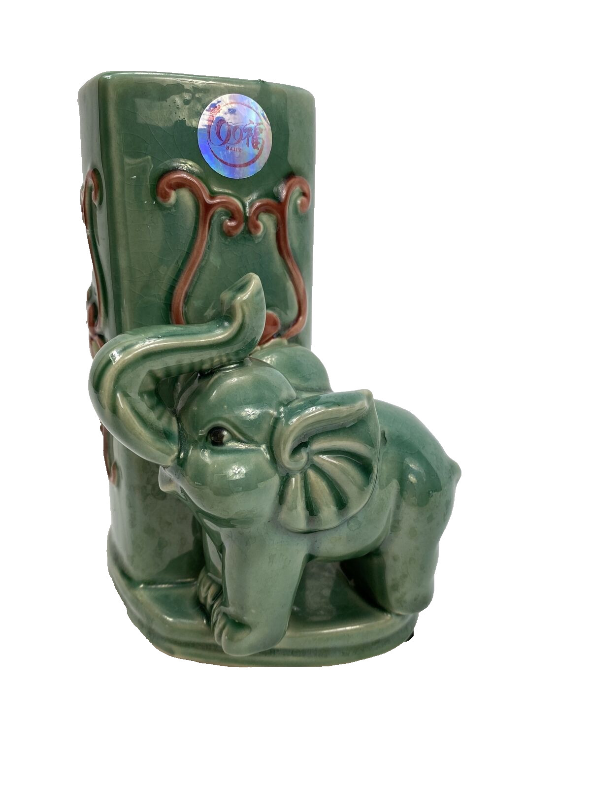 Vintage Art Pottery Shiny Glazed Heart Shape Green Bamboo Planter With Elephant