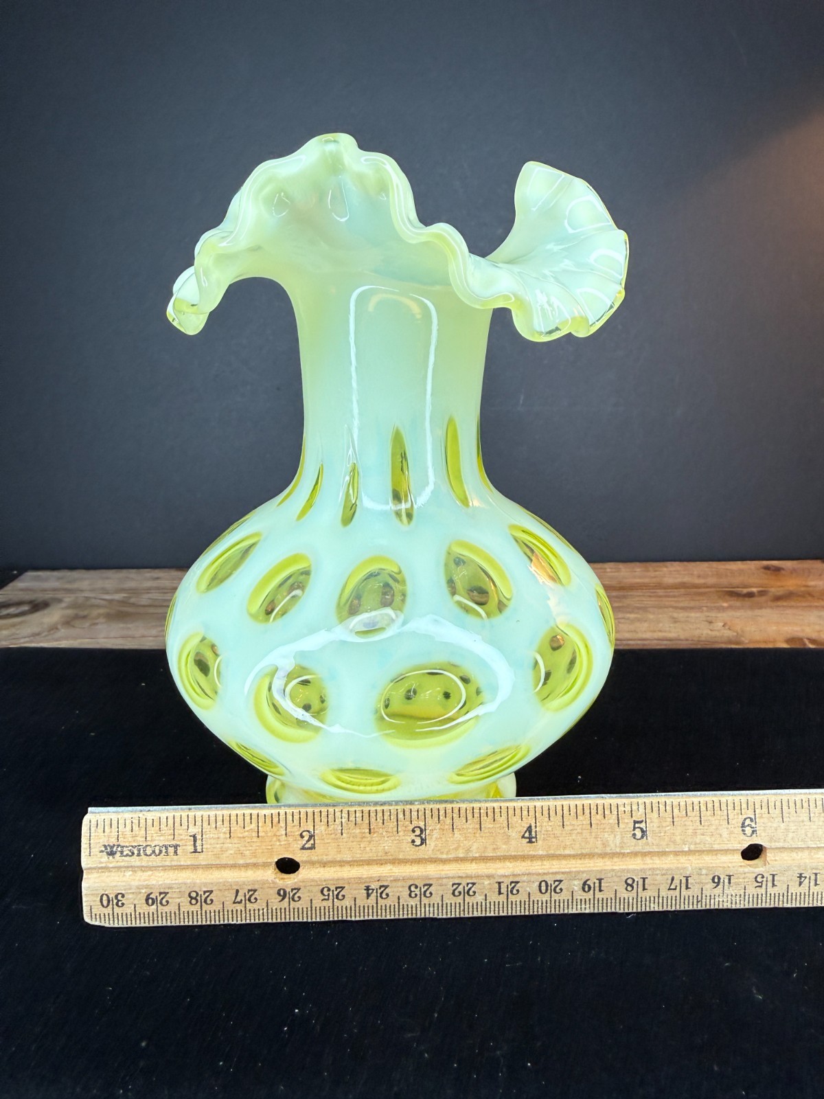 Fenton Topaz Vaseline Glass Opalescent Coin Dot Spot Optic Ruffle Vase ca 1950s