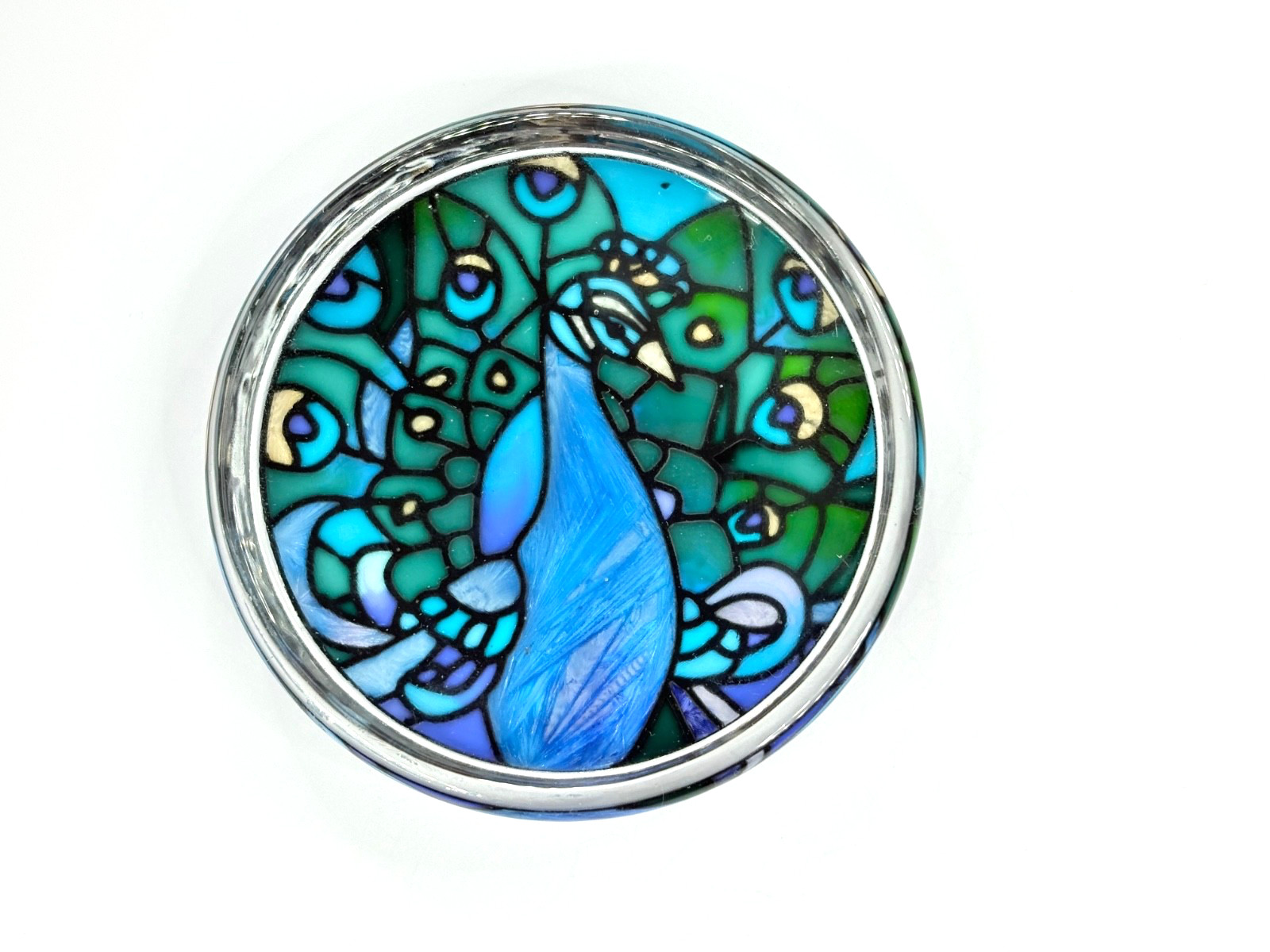 NOS Blue & Green Glass Peacock Paperweight ~ Hand painted ~ Joan Baker Designs