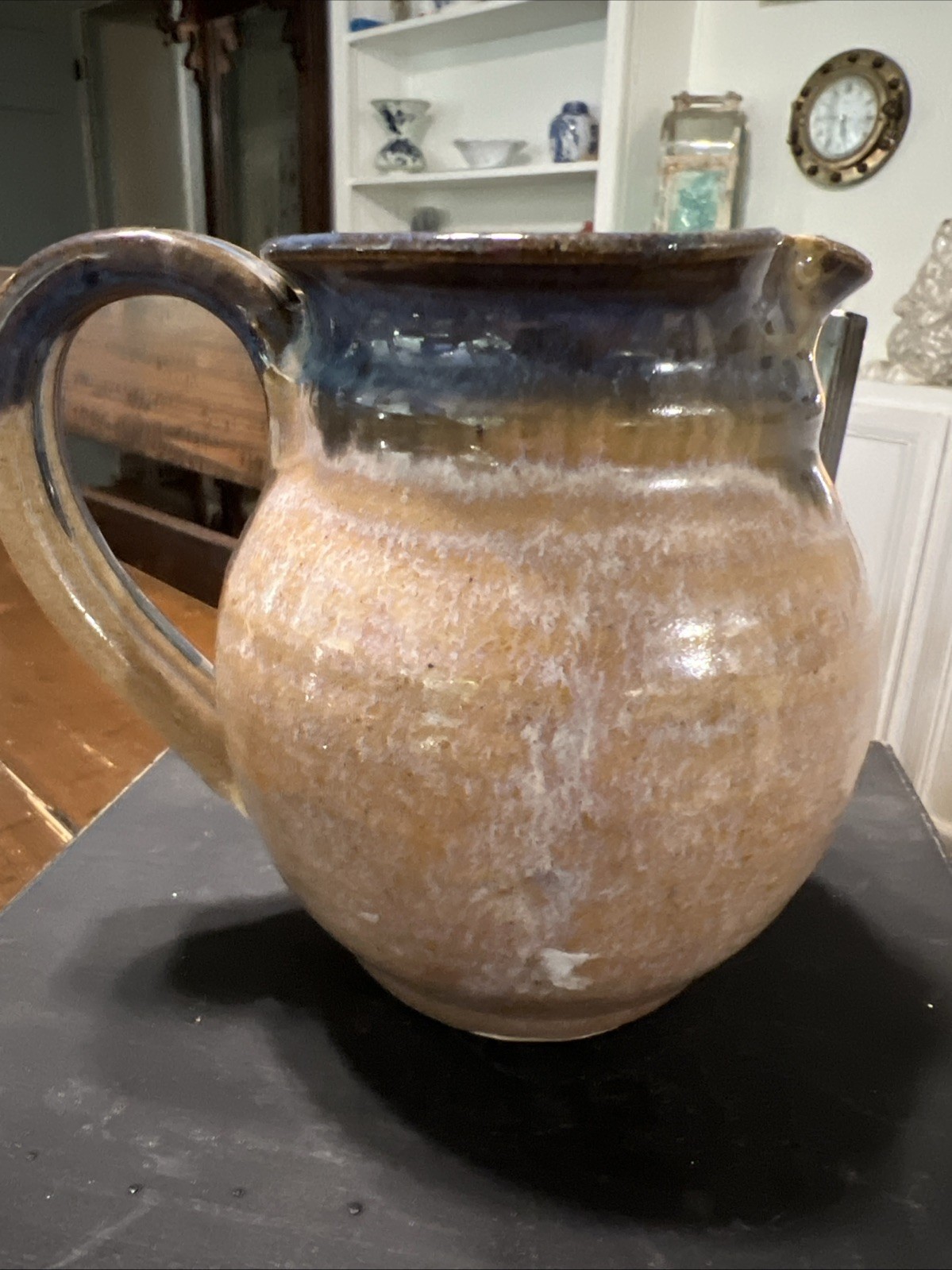 Hand Thrown Studio Pottery Artist Signed Pitcher Blue w/ Earth Tones 4 1/2″ H