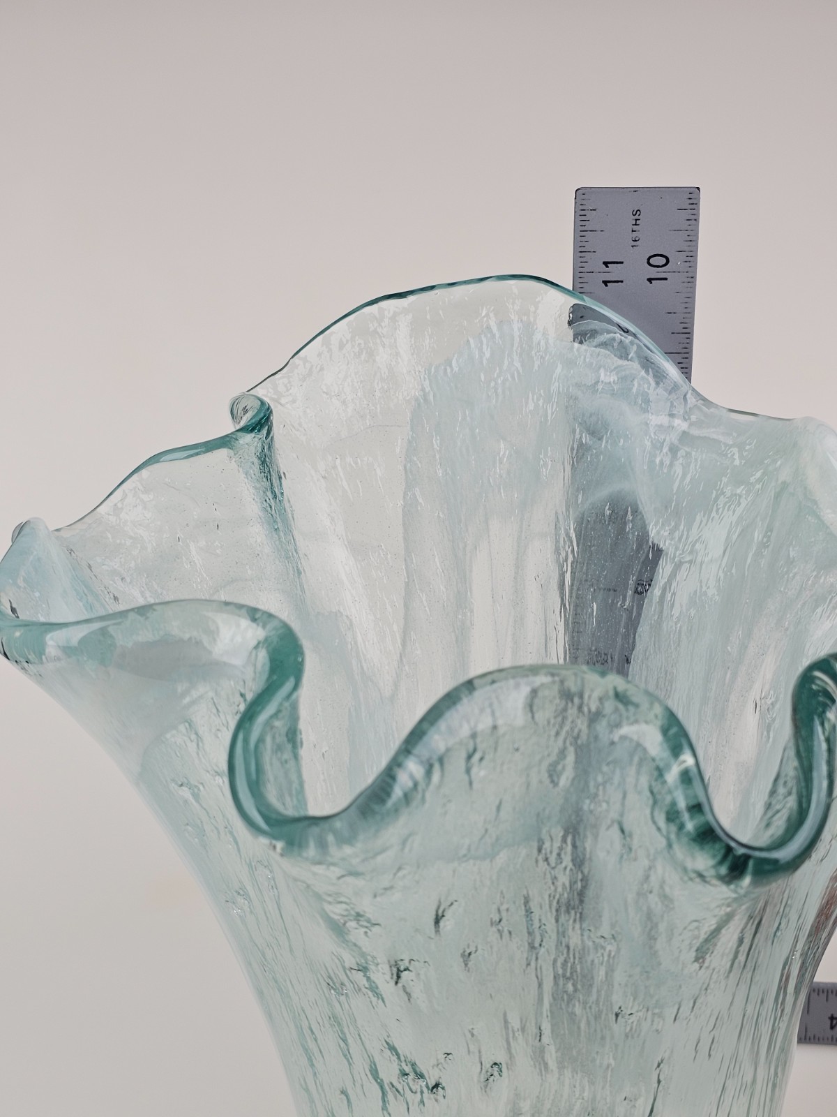 Murero Glass Aqua & White Large Handkerchief Vase or Luxury Trash Bin Italy 11″