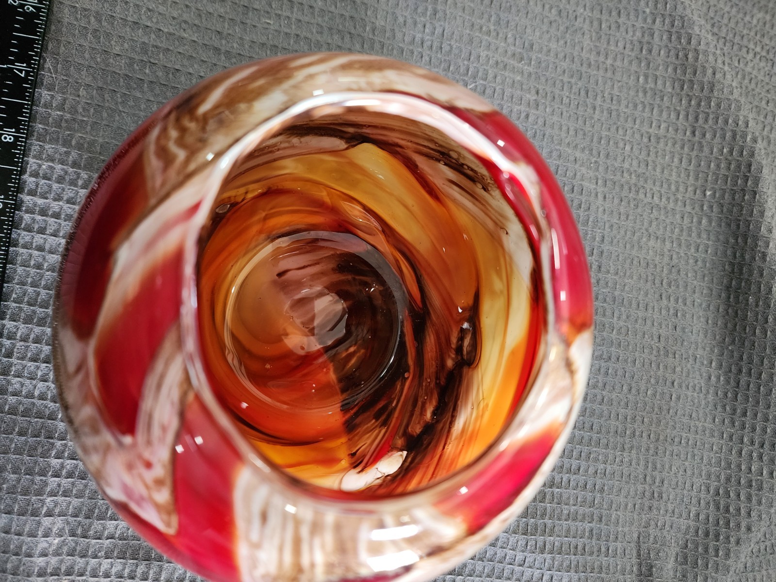 Glass Sphere Orange Red Brown White Round Vase 6” Unsigned