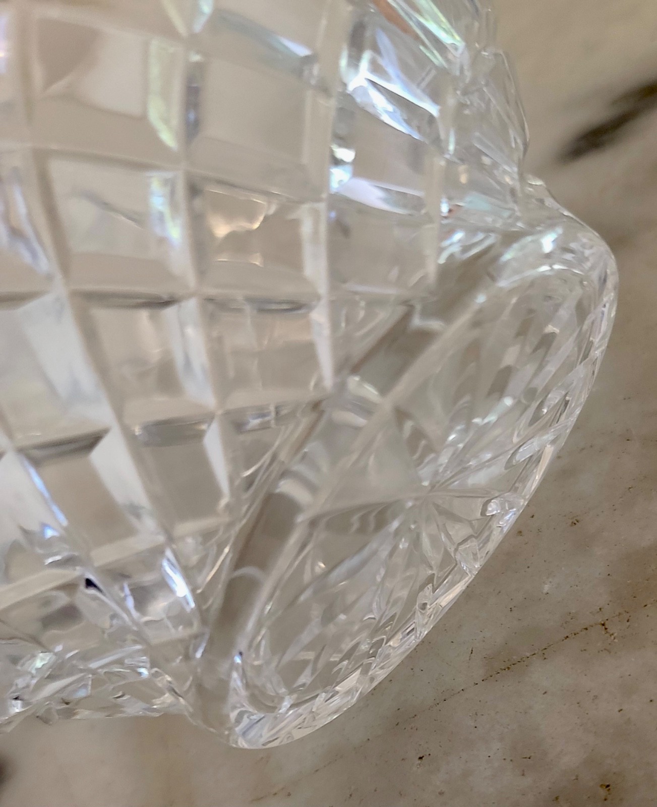 Vintage Cut Glass Small Handled Crystal Basket. Pre-owned