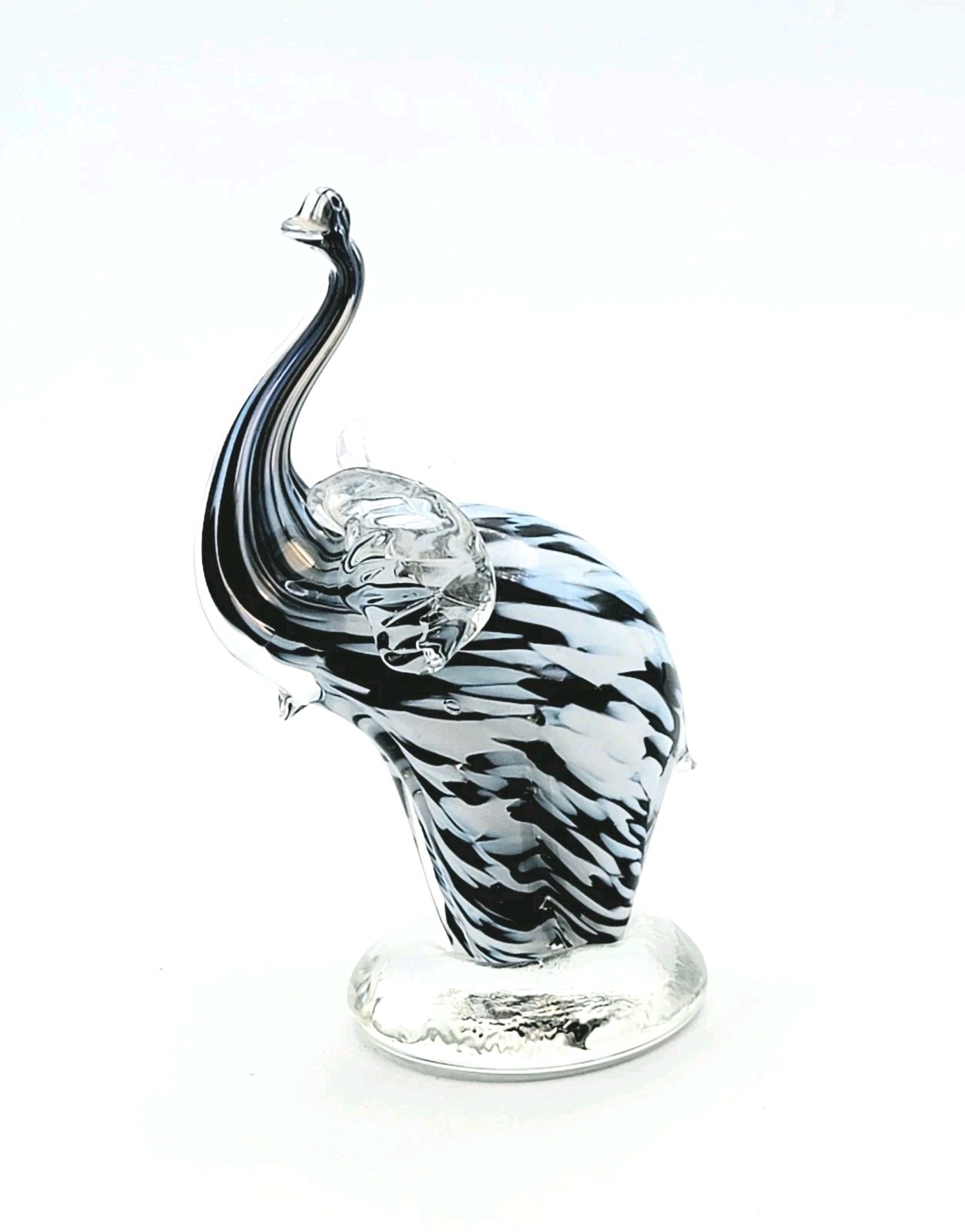 Blue & White Swirl Elephant Trunk Up Studio Art Glass Paperweight 5″ Figurine