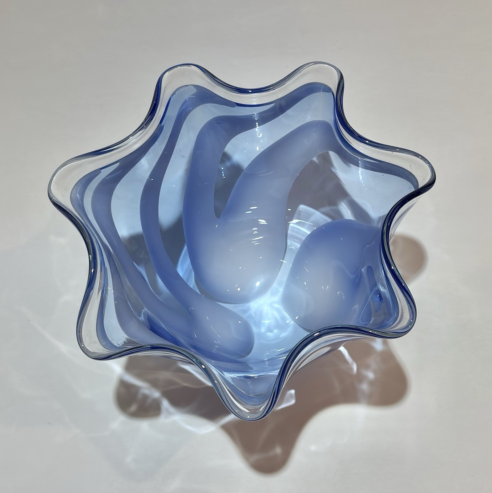 Vintage Blue and White Swirl Ruffled Edge Handmade Art Glass Handkerchief Vase