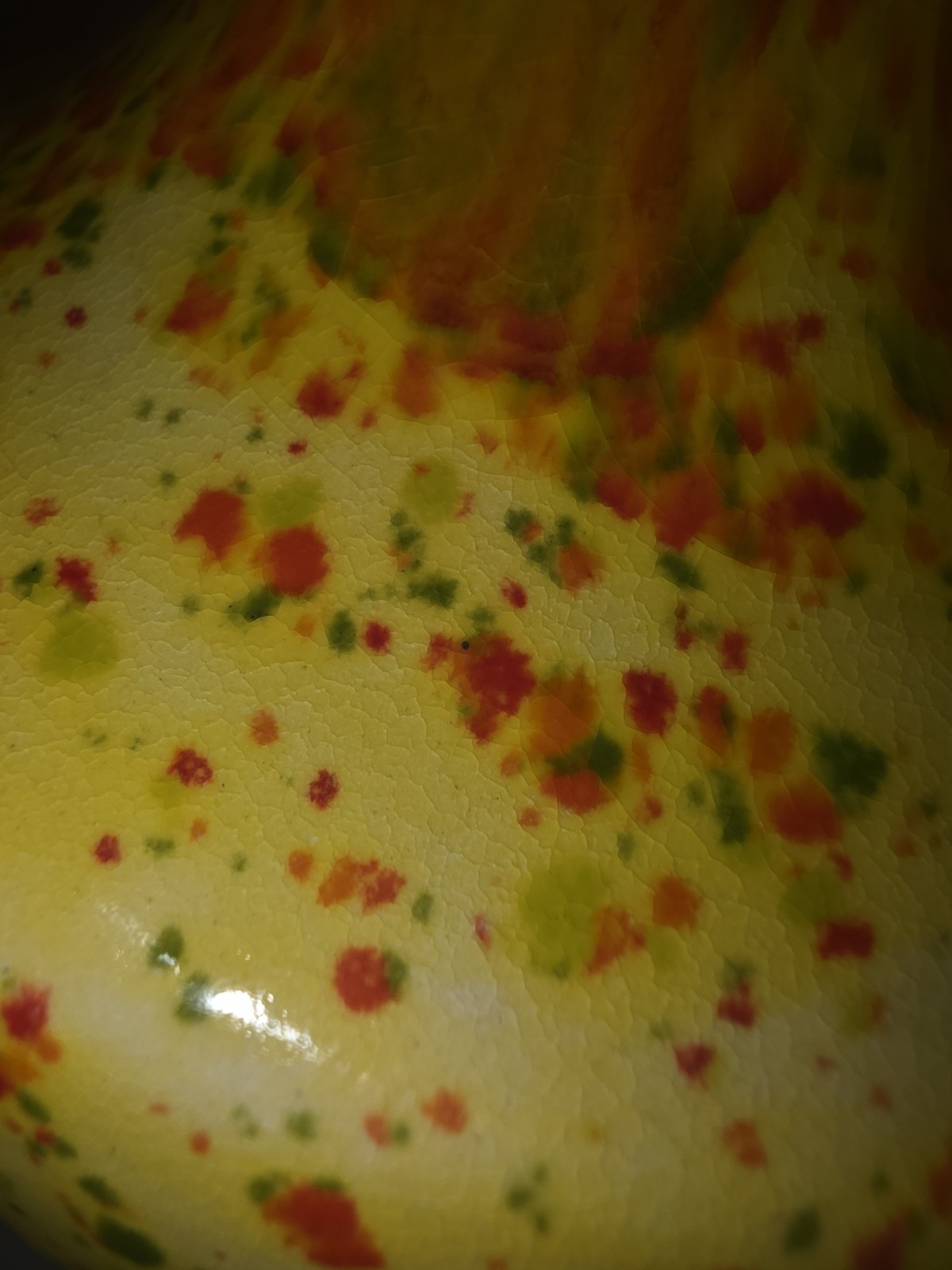 1981 Splatterware Orange Red Yellow and Green Drip Pitcher Vase. Signed