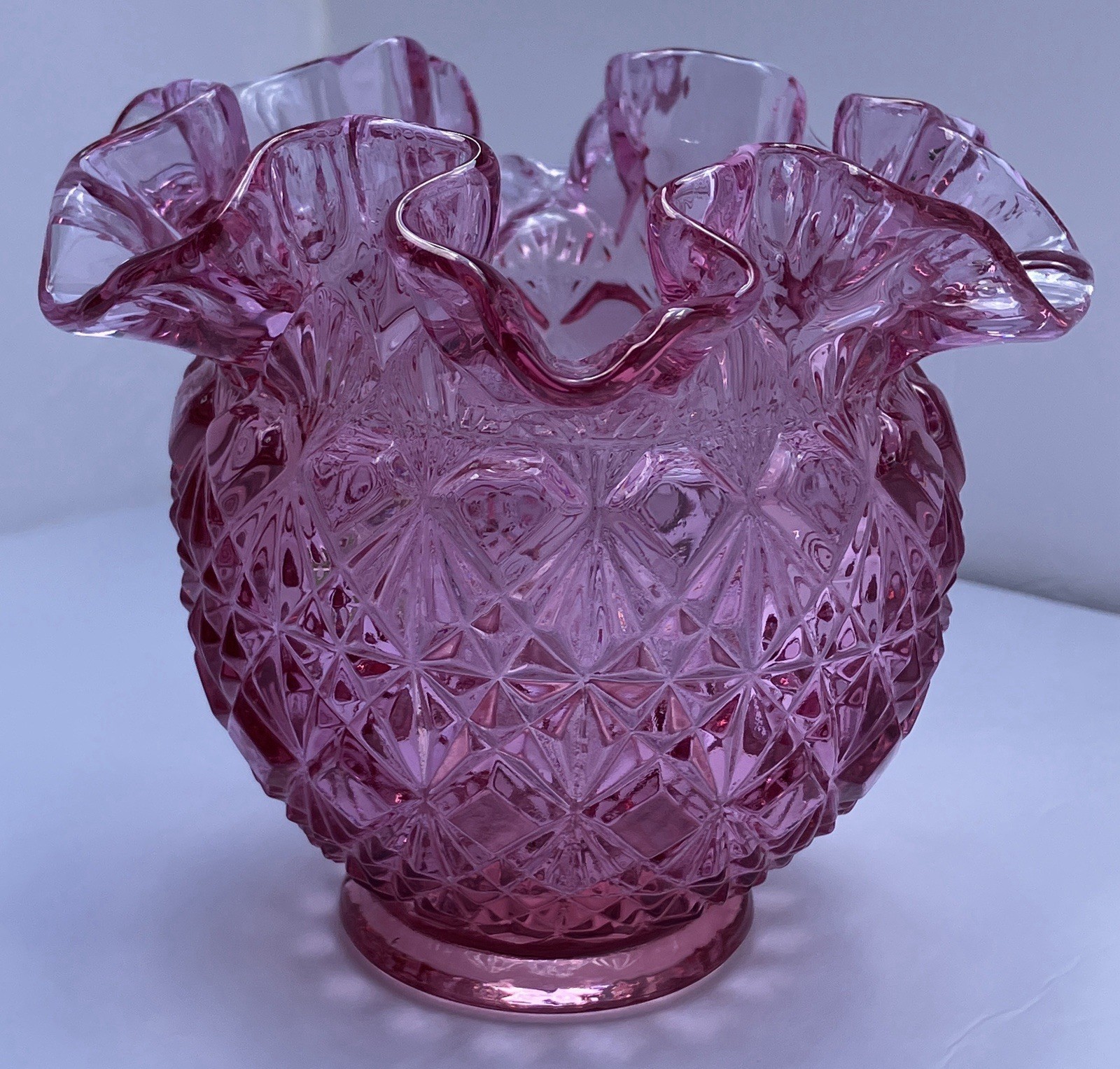 Fenton Glass Vase Vintage 1980’s Cranberry Ruffled Rim Diamond Star Pattern